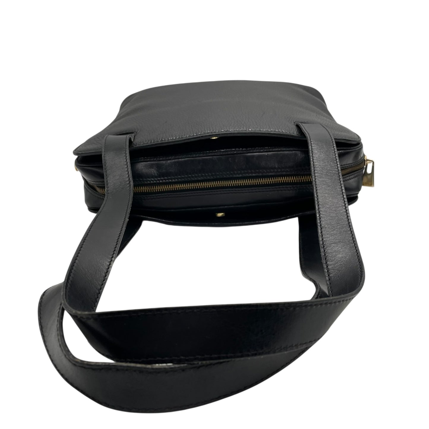 Authentic CELINE Vintage Grained Leather Shoulder Bag Black Gold Hardware Women's Zipper Closure