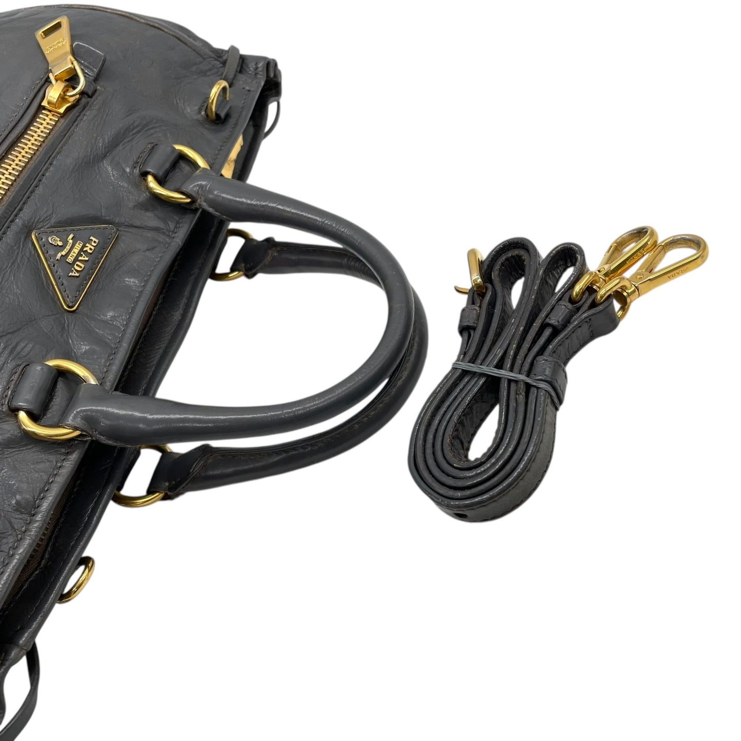 Authentic PRADA 2WAY Handbag Shoulder Bag Leather Gold Hardware Triangular Logo Dark Gray Women's Crossbody