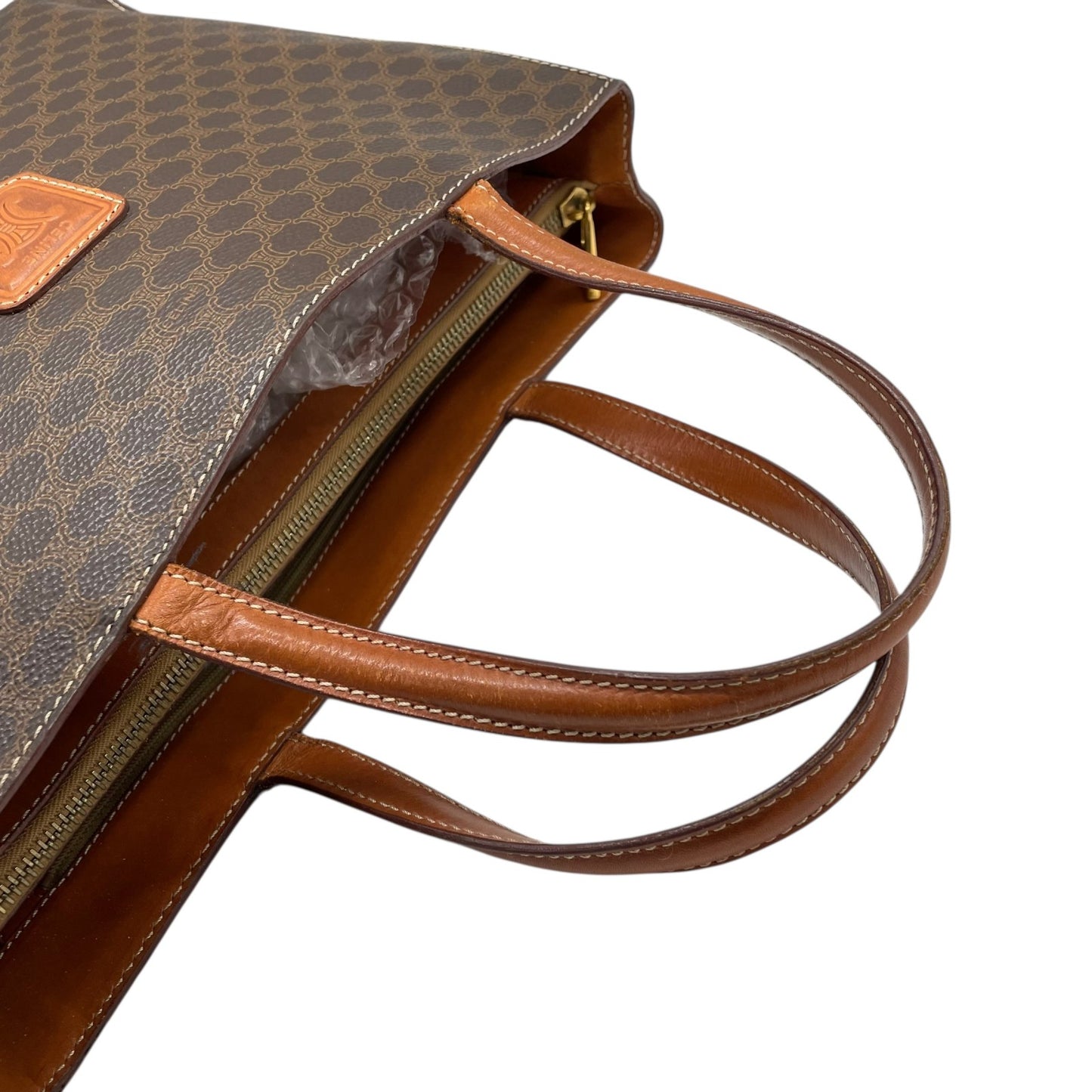 Authentic CELINE Vintage Macadam Handbag Brown PVC Leather Gold Hardware Tote Bag Women's