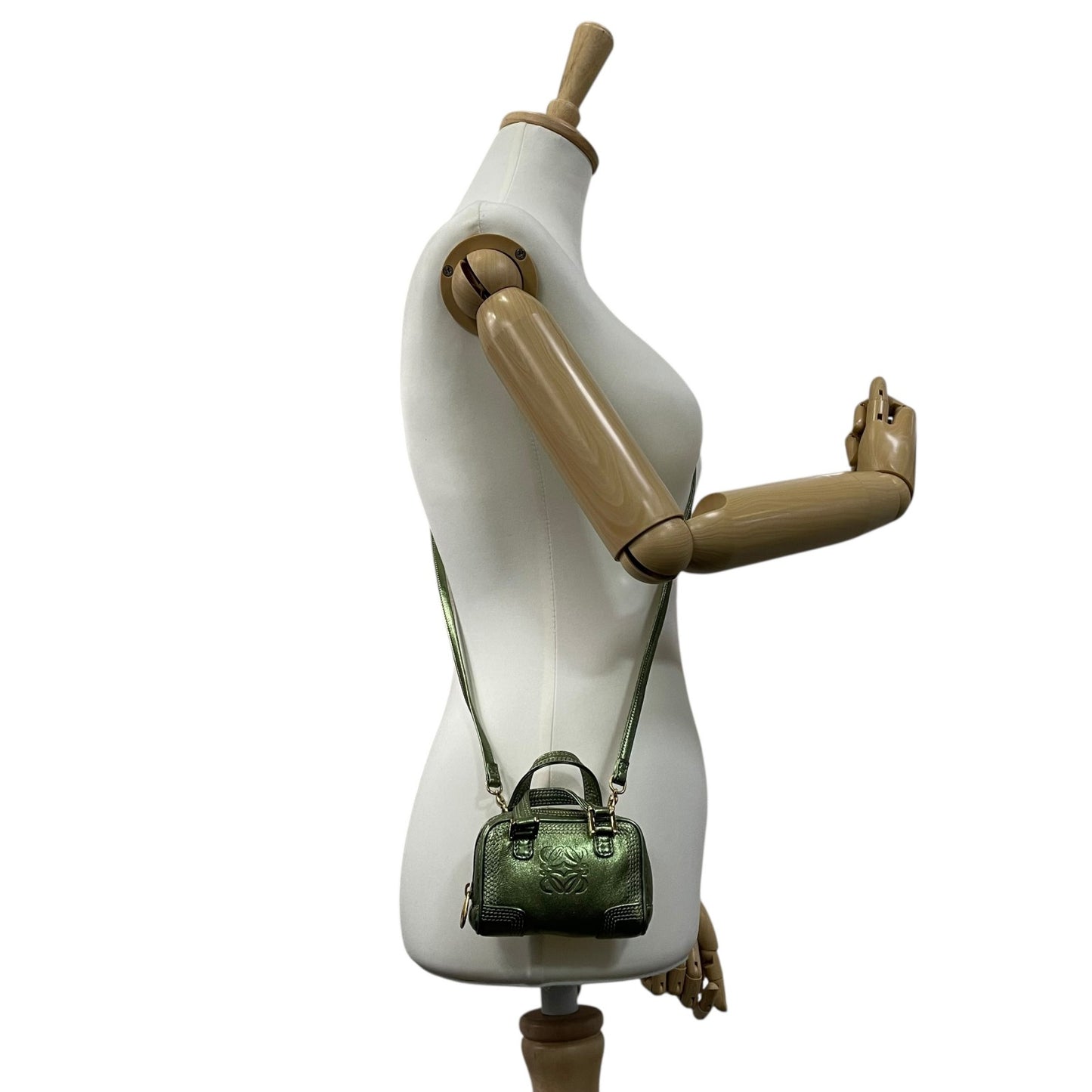 Authentic LOEWE Amazona Micro Mini Shoulder Bag Metallic Green Leather Anagram Logo Crossbody Gold Hardware Vintage Women's