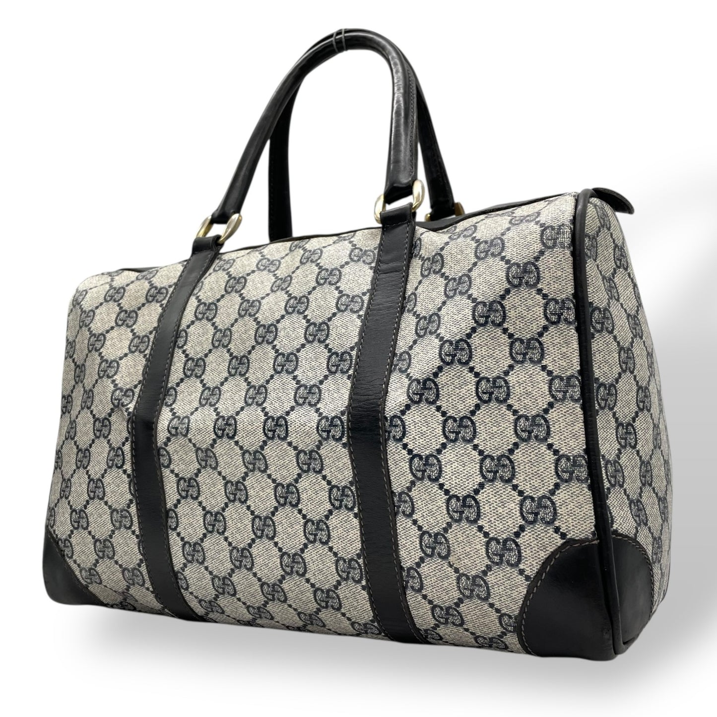 Authentic GUCCI GG Supreme Boston Bag Gray Navy PVC Leather Gold Hardware Vintage Women's Handbag GG Pattern