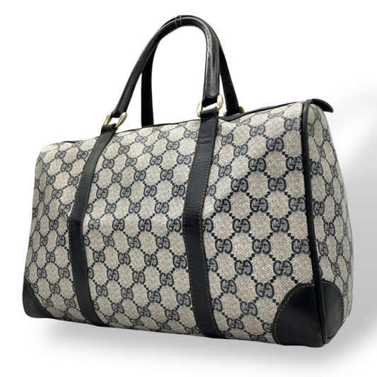 Authentic GUCCI GG Supreme Boston Bag Gray Navy PVC Leather Gold Hardware Vintage Women's Handbag GG Pattern