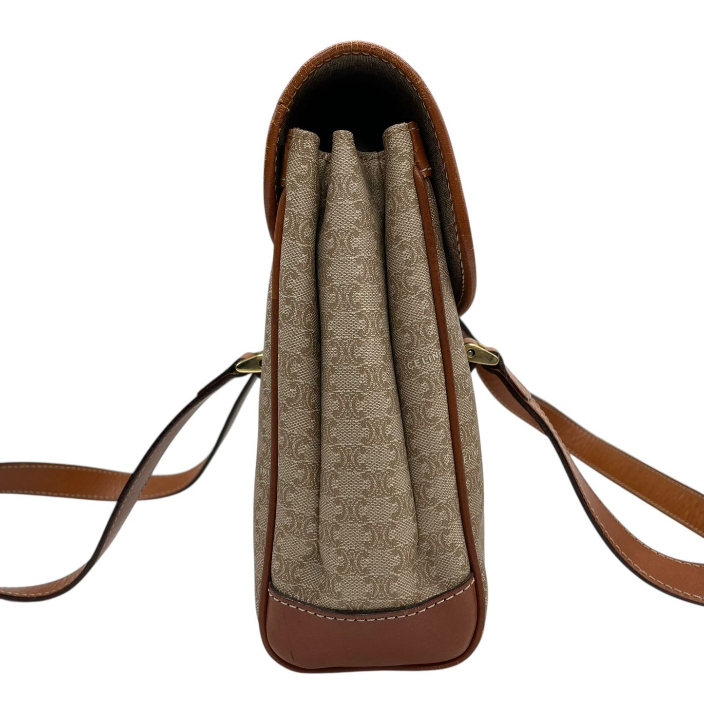 Authentic CELINE Macadam Handbag PVC Leather Vintage Beige Brown M06 Old Celine Gold Hardware Ladies