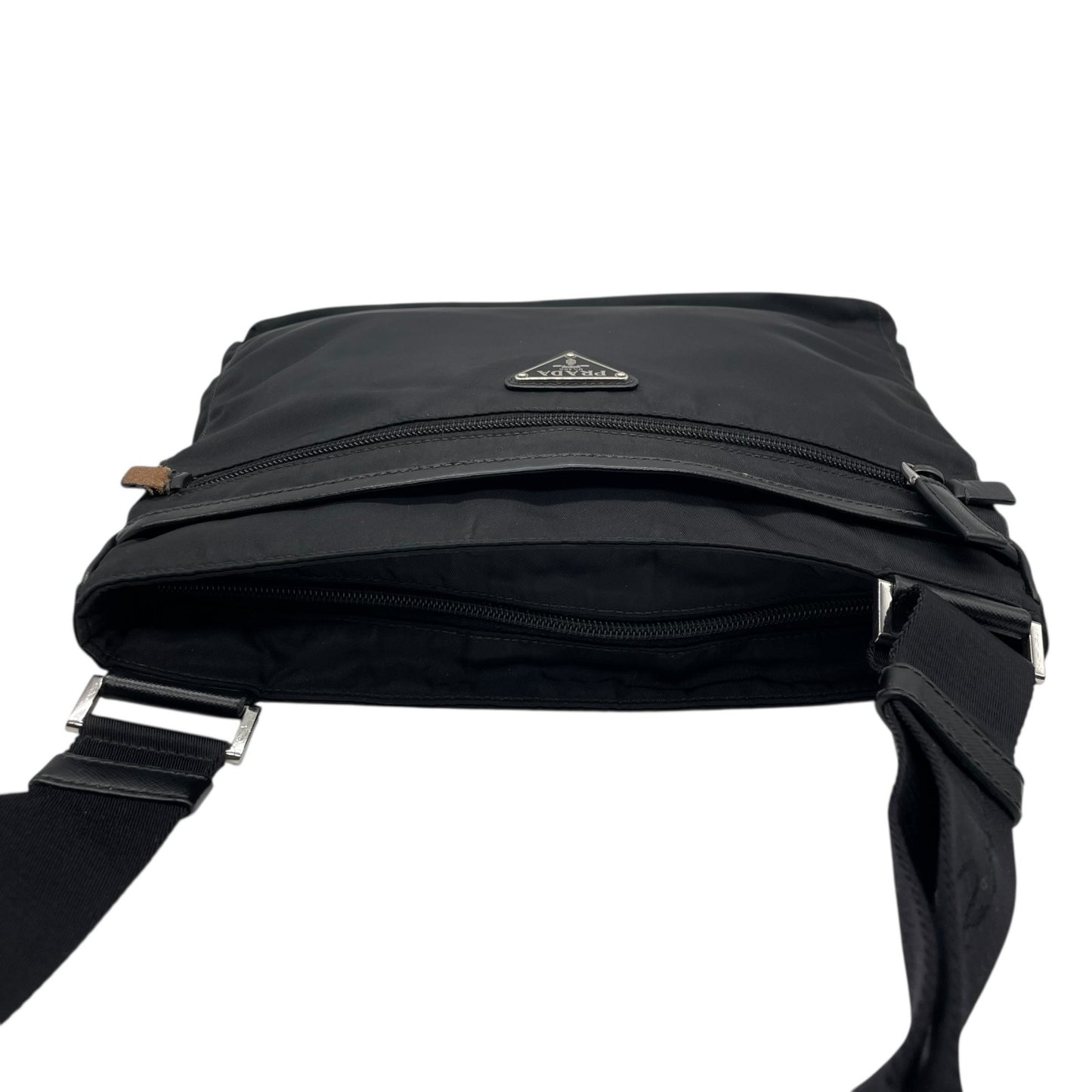 Authentic PRADA Black Shoulder Bag Triangular Logo Plate Nylon Leather Silver Hardware Adjustable Strap Men's Women's