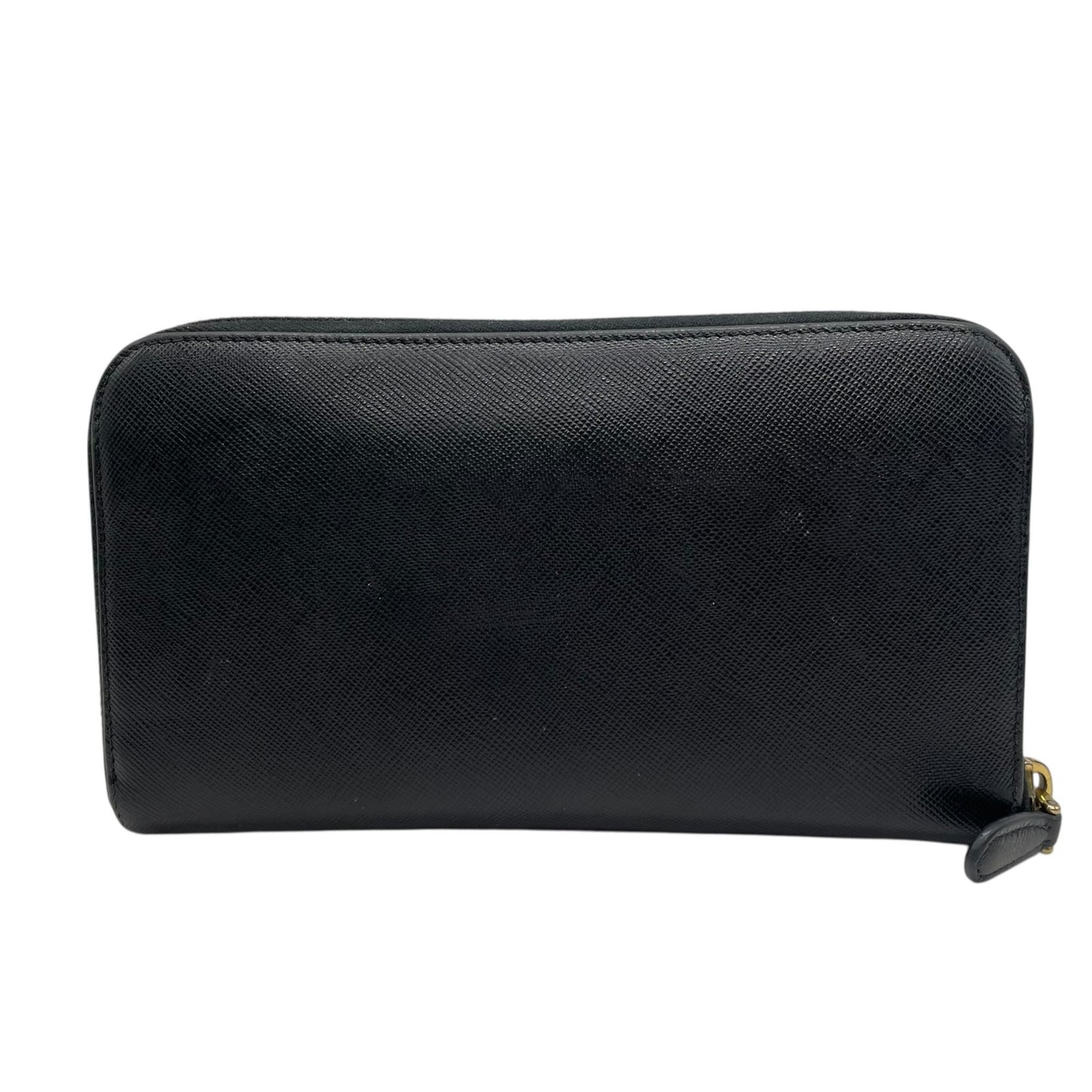 Authentic PRADA Saffiano Leather Long Wallet Black Round Zipper Logo Gold Hardware Women's