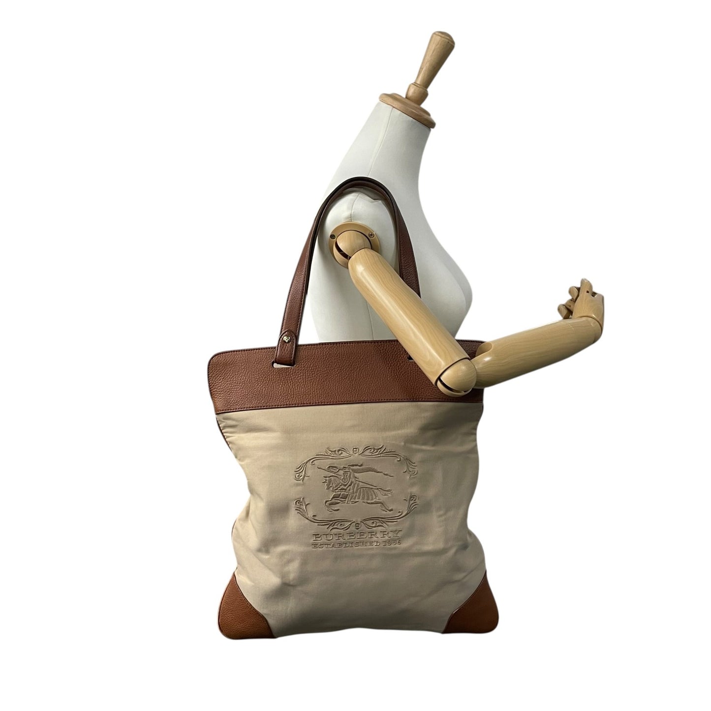 美品 BURBERRY バーバリー トートバッグ キャンバス レザー ベージュ 茶 ブラウン 刺繡ロゴ ゴールド金具 肩掛け可 内側ノバチェック レディース U13