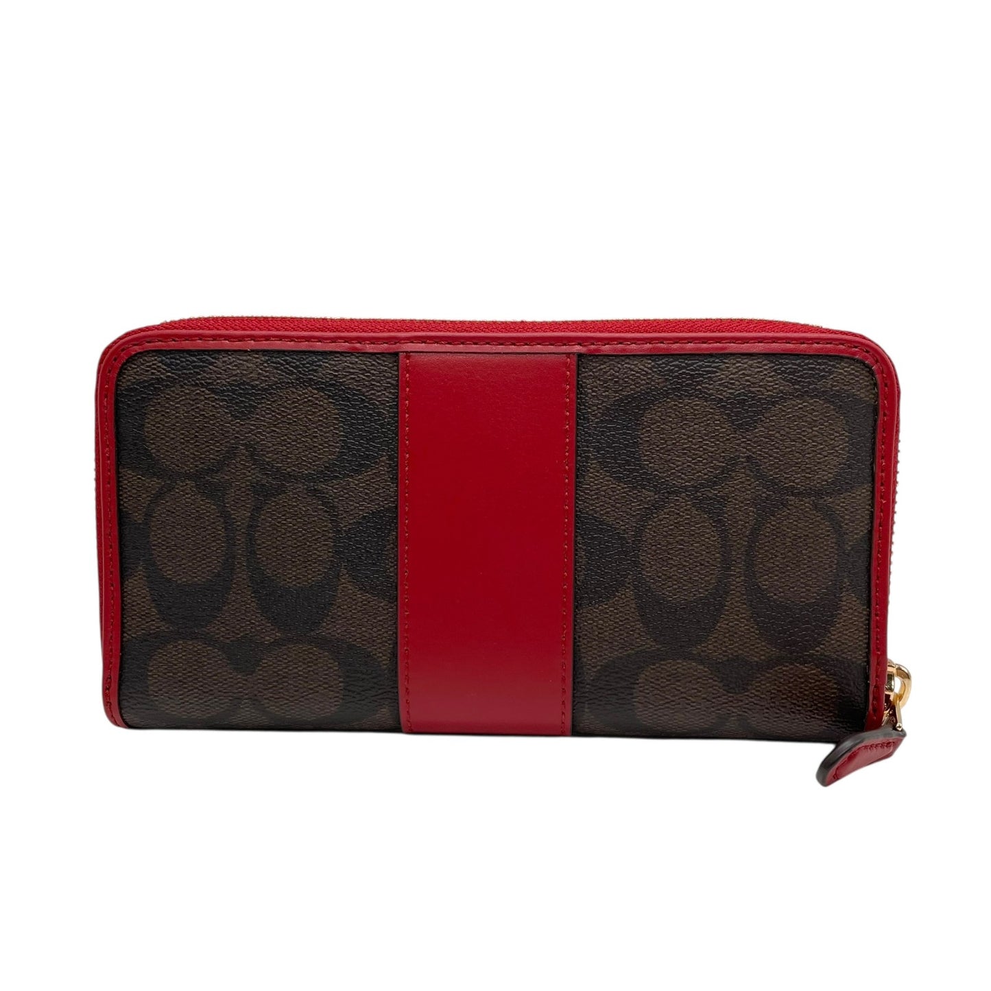 極美品 COACH コーチ シグネチャー 長財布 ラウンドファスナー 茶 ダークブラウン 赤 レッド 54630 IML72 ゴールド金具 PVC レザー ロゴ レディース W1