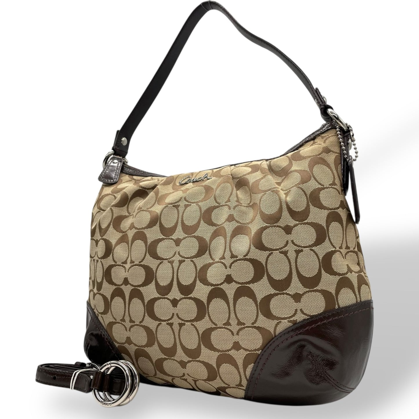 COACH コーチ シグネチャー 2WAY ハンドバッグ ショルダーバッグ F17400 キャンバス パテントレザー 茶 ブラウン シルバー金具 肩掛け可 斜め掛け可 レディース U13