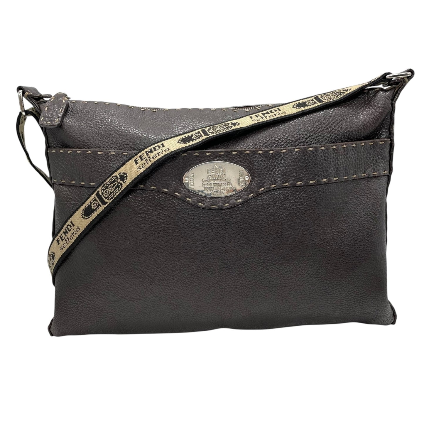 美品 FENDI フェンディ セレリア ショルダーバッグ ステッチ レザー 茶 ブラウン シルバー金具 斜め掛け可 ロゴストラップ ヴィンテージ レディース K3