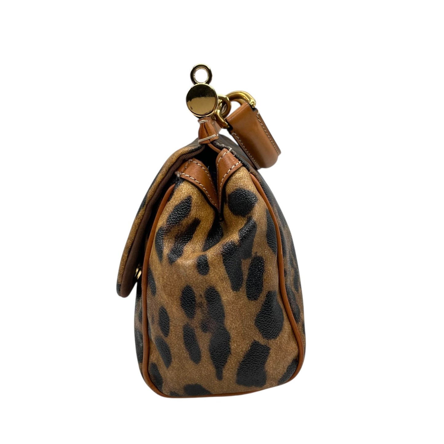 美品 DOLCE&GABBANA ドルチェ＆ガッパーナ シシリー 2WAY ハンドバッグ ショルダーバッグ ドルガバ レオパード ヒョウ柄 レザー PVC ブラウン 茶 ブラック 黒 レディース D&G ロゴプレート フラップ ゴールド金具 斜め掛け可 K4