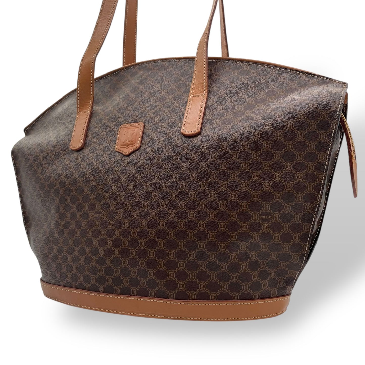 美品 CELINE セリーヌ マカダム ハンドバッグ トートバッグ PVC レザー 茶 ブラウン ゴールド金具 ワンショルダー 肩掛け可 ヴィンテージ オールドセリーヌ レディース B1