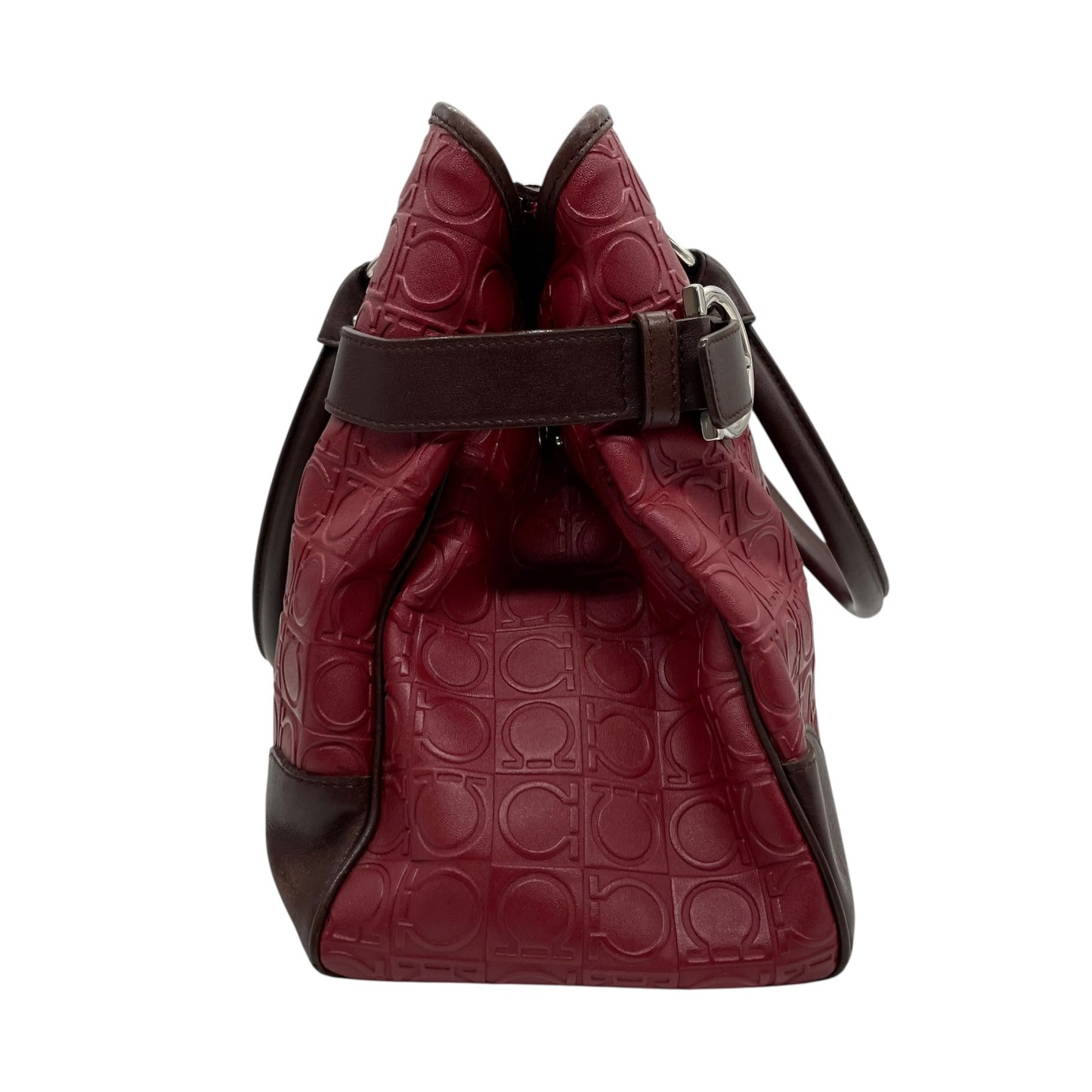 美品 フェラガモ Salvatore Ferragamo ガンチーニ ボルドー レザー ハンドバッグ トートバッグ 総柄 赤 レッド ブラウン シルバー金具 レディース D