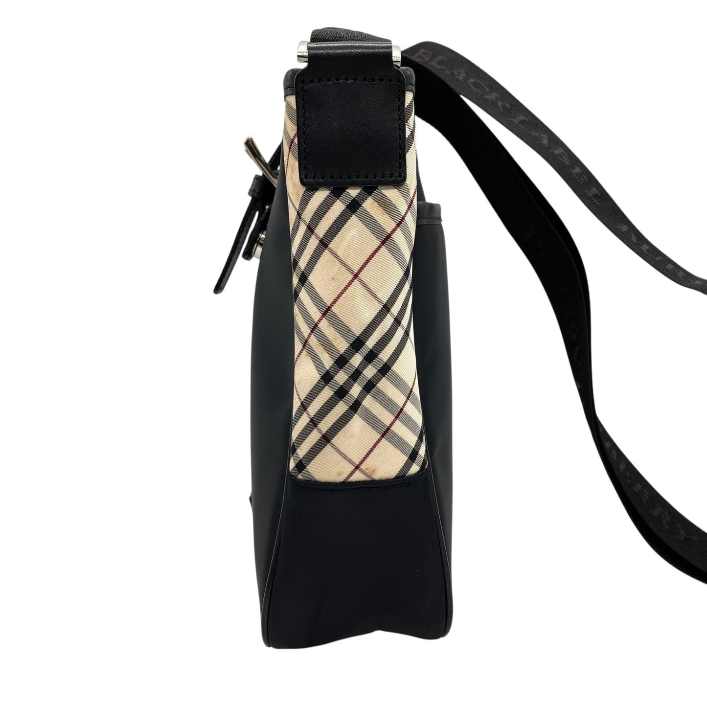 美品 BURBERRY BLACK LABEL バーバリー ショルダーバッグ ナイロン レザー ノバチェック ベージュ 黒 ブラック シルバー金具 斜め掛け メンズ レディース K11