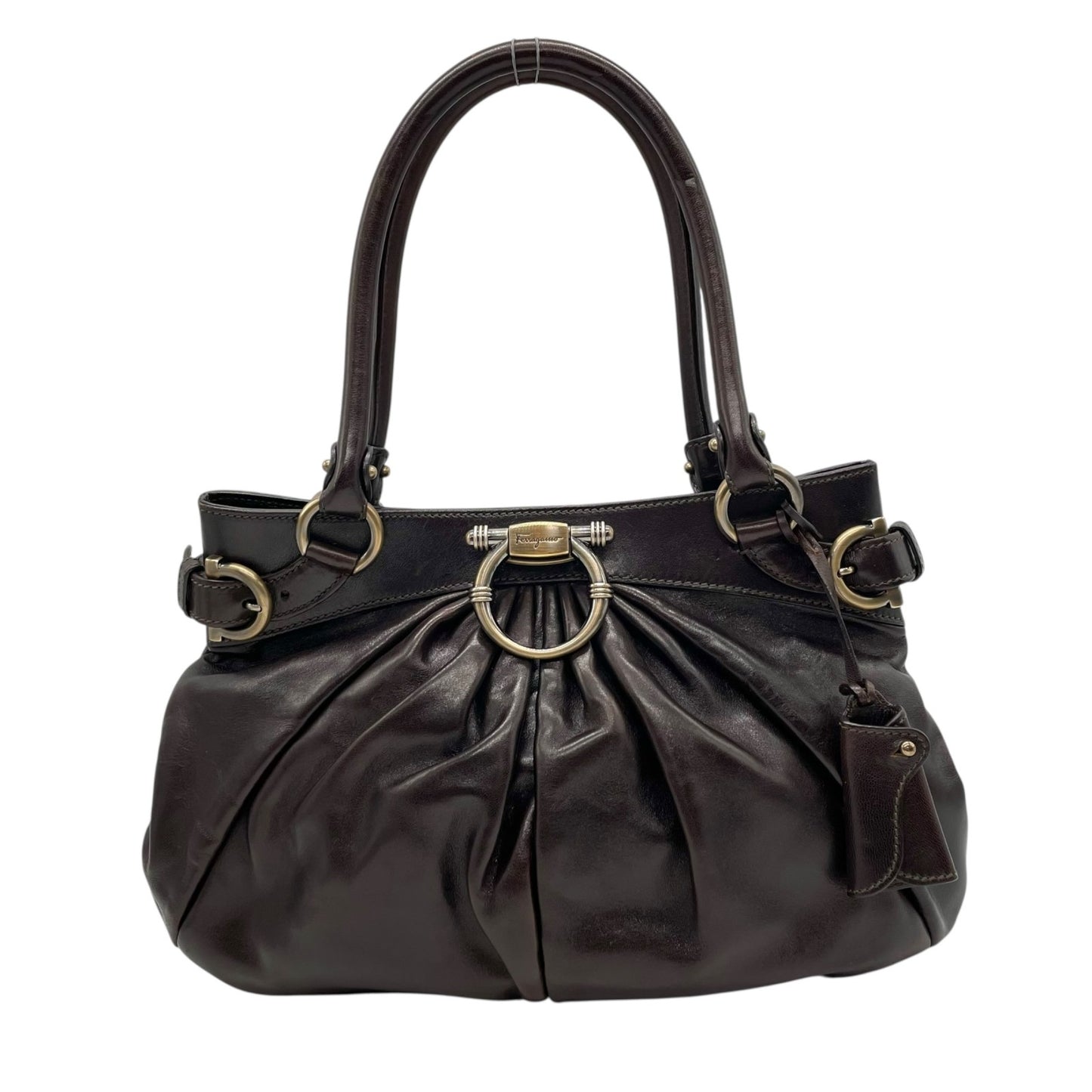 美品 Salvatore Ferragamo フェラガモ ガンチーニ ハンドバッグ レザー 茶 ダークブラウン マリッサ シルバー金具 クロシェット レディース 手提げ K6