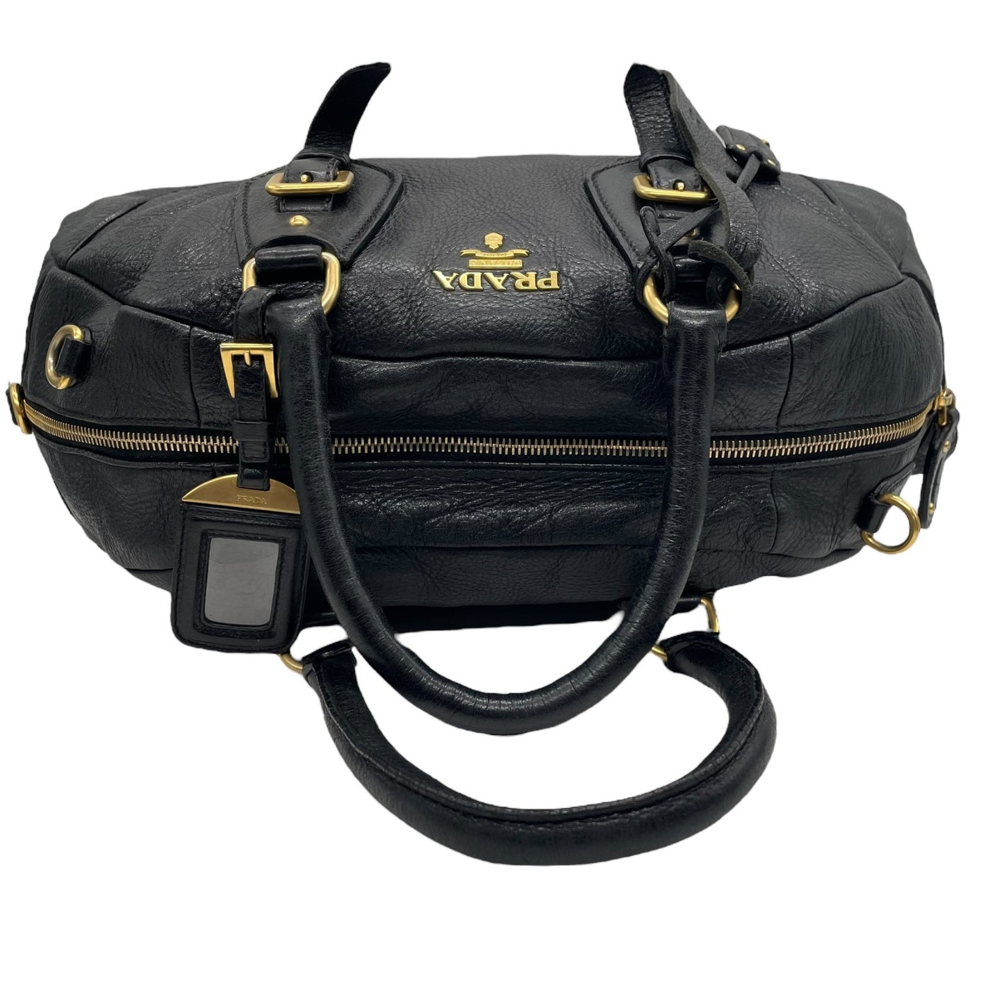 Authentic PRADA 2WAY Handbag Shoulder Black NERO Leather Gold Hardware Logo