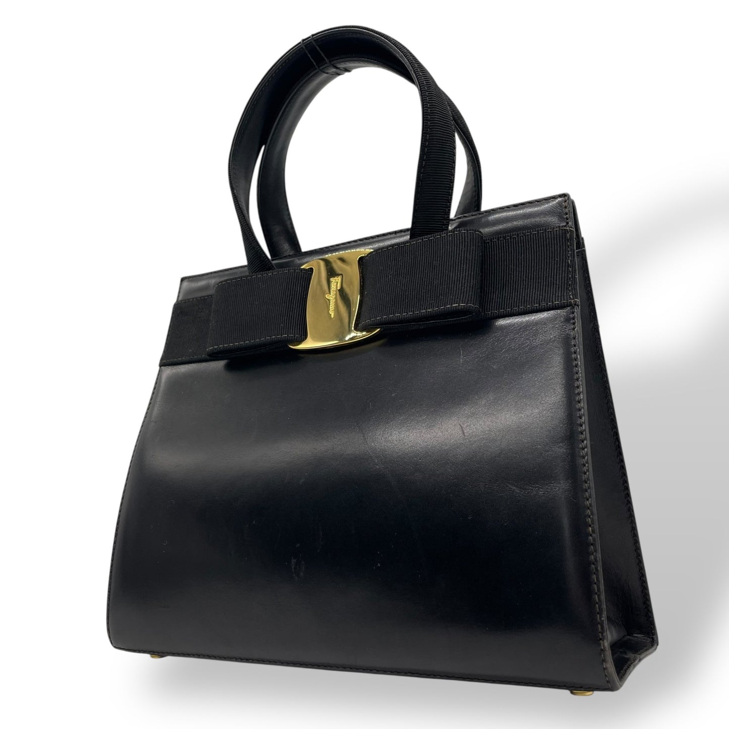 Authentic Salvatore Ferragamo Vara Ribbon Handbag Black Leather Gold Hardware