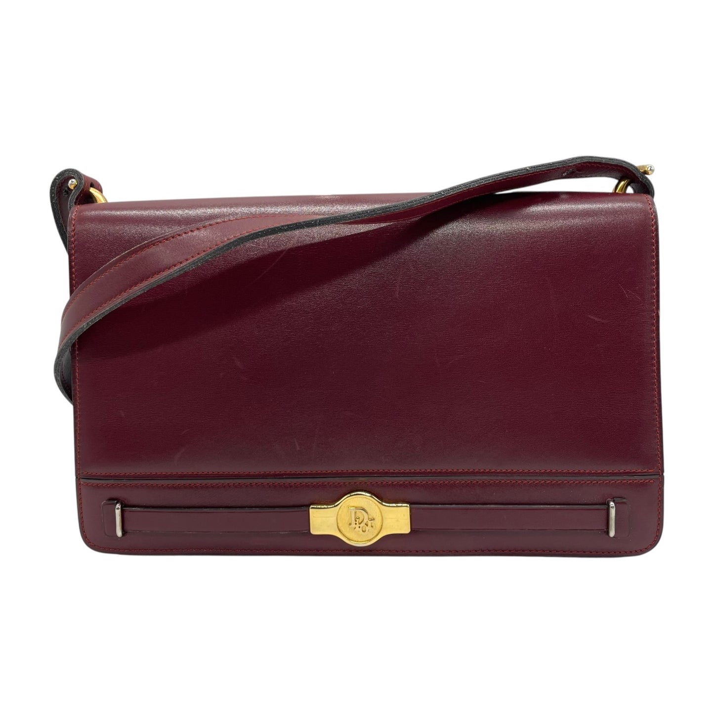 Authentic Christian Dior Shoulder Bag Red Bordeaux Leather Gold Hardware Logo Vintage