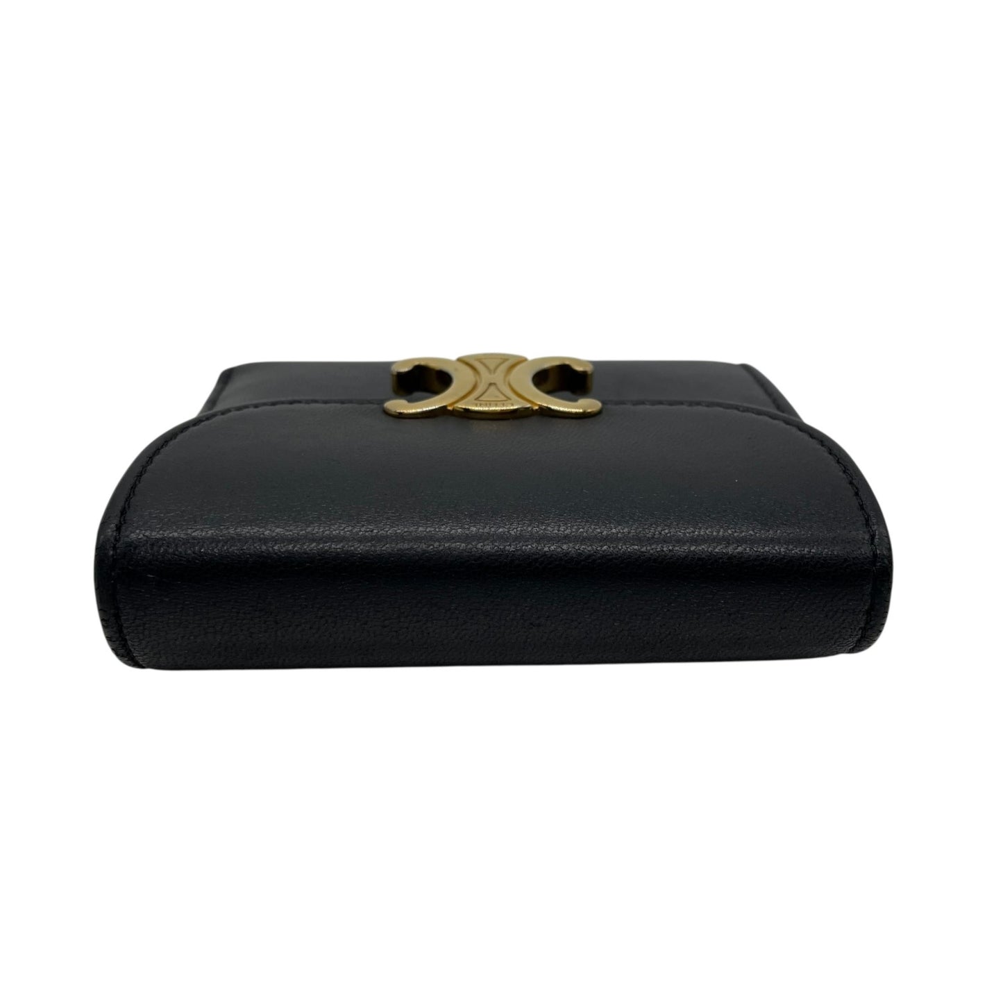 Authentic CELINE Triomphe Compact Wallet Black Leather Gold Hardware with Box