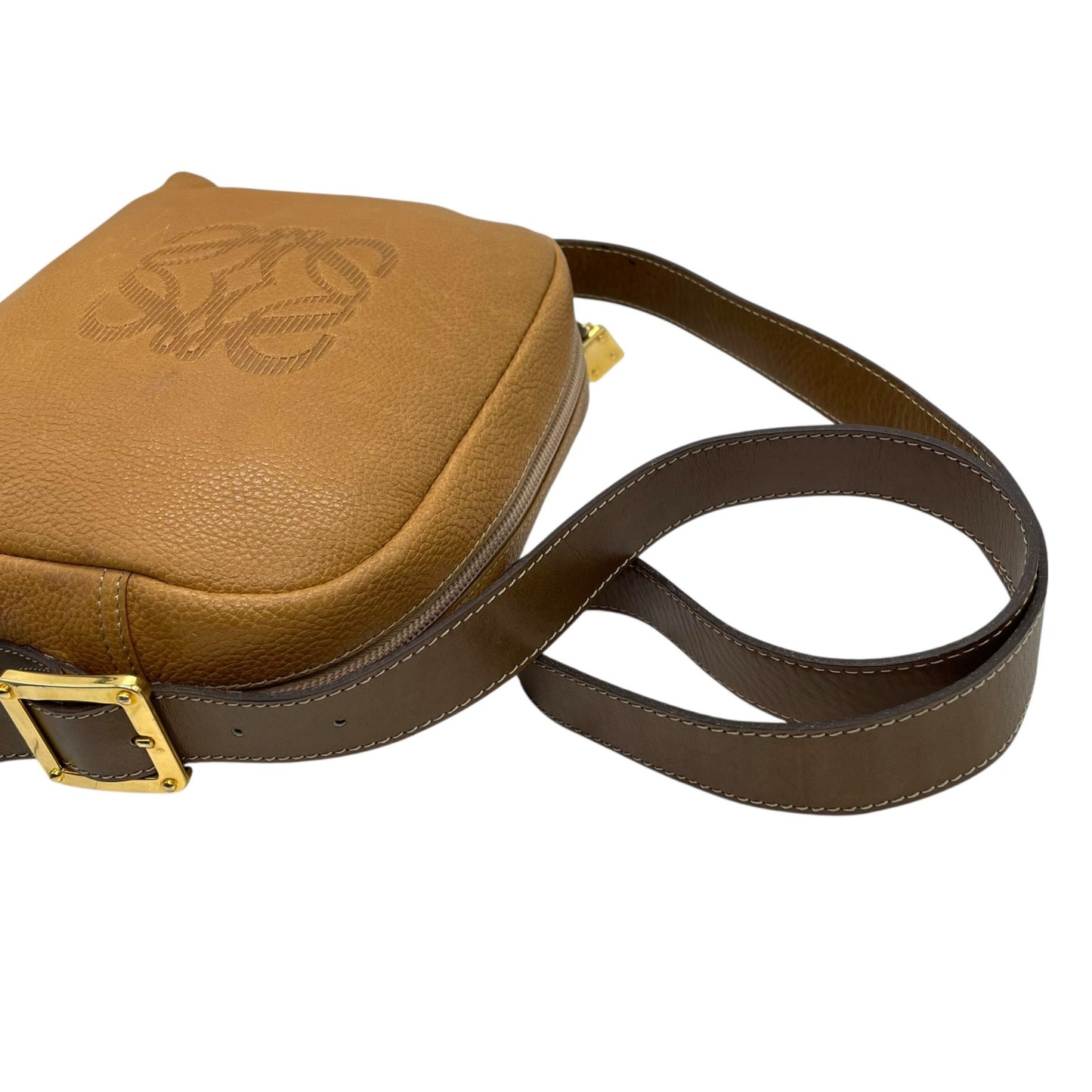 Authentic LOEWE Anagram Embossed Leather Shoulder Bag Camel Gold