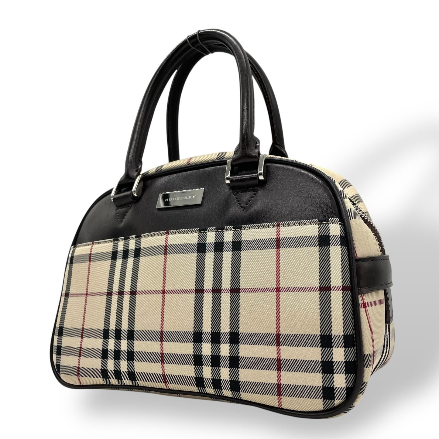 美品 BURBERRY バーバリー ノバチェック柄 ハンドバッグ ミニボストンバッグ ベージュ キャンバス×ブラウンレザー メンズ レディース ボーイズ ガールズ 旅行 ビジネス K10