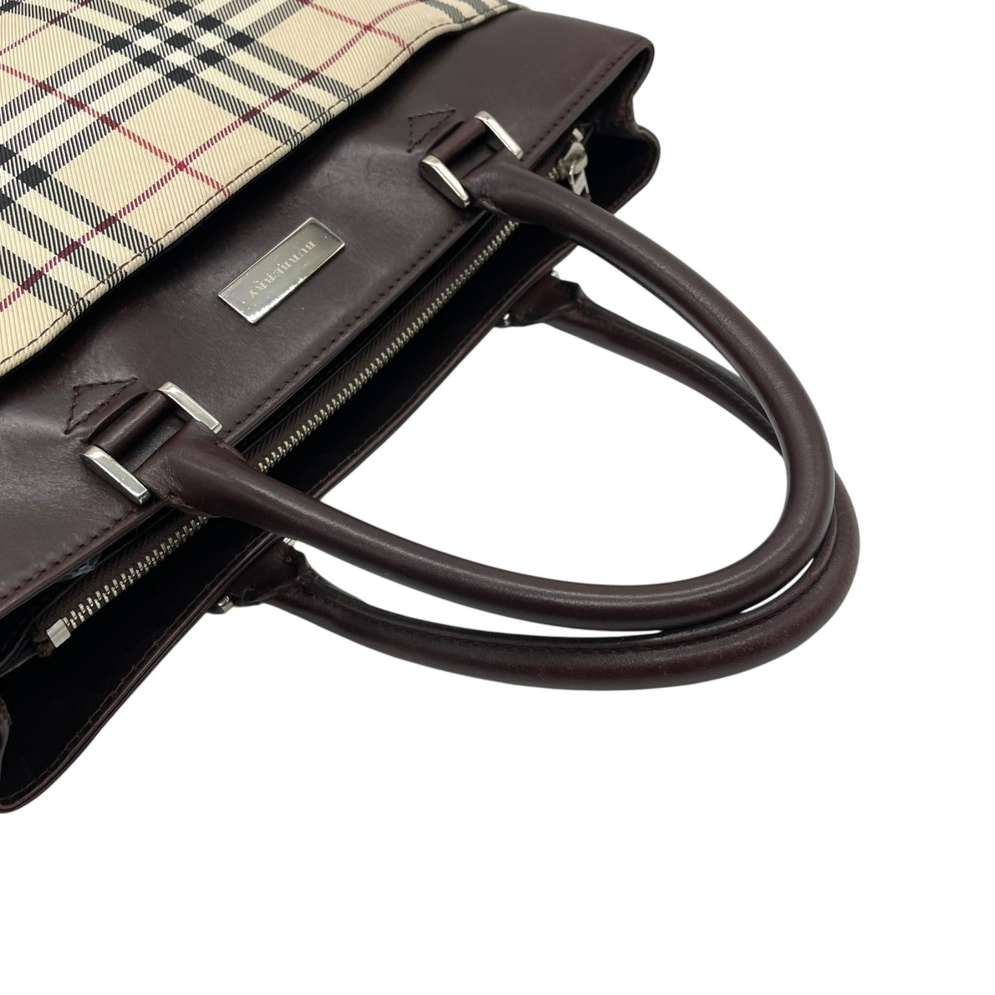 Burberry バーバリー トートバッグ ハンドバッグ ノバチェック キャンバス×レザー メタルロゴプレート ベージュ×ブラウン ユニセックス K8