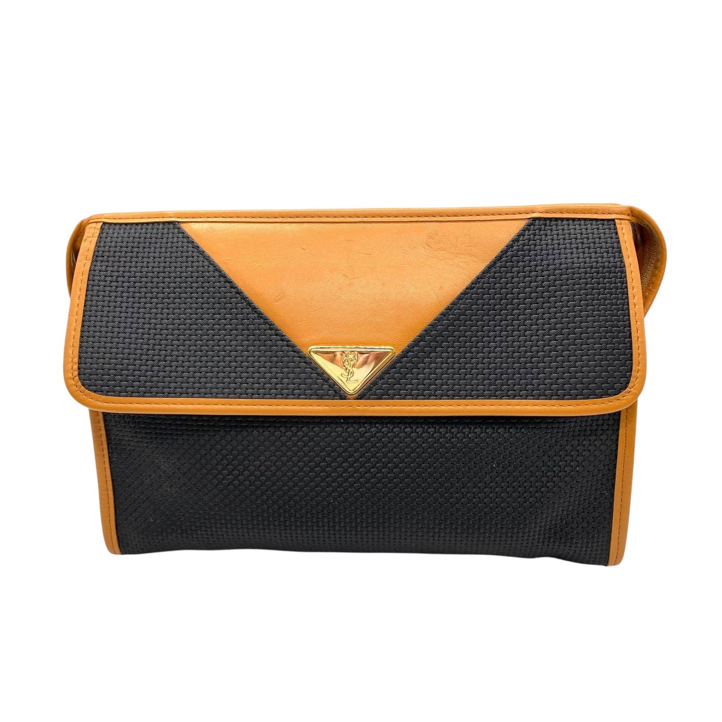 美品 Yves Saint Laurent イヴ サンローラン クラッチバッグ YSLロゴ 紺 ネイビー キャメル ブラウン PVC レザー ゴールド金具 ファスナー開閉 フラップ メンズ レディース ヴィンテージ B3