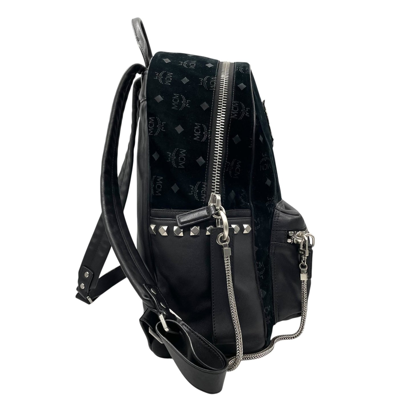 極美品 MCM エムシーエム バックパック リュック モノグラム ヴィセトス エンブレム刺繍 スタッズ付き レザー×ベルベット ブラック 黒 A