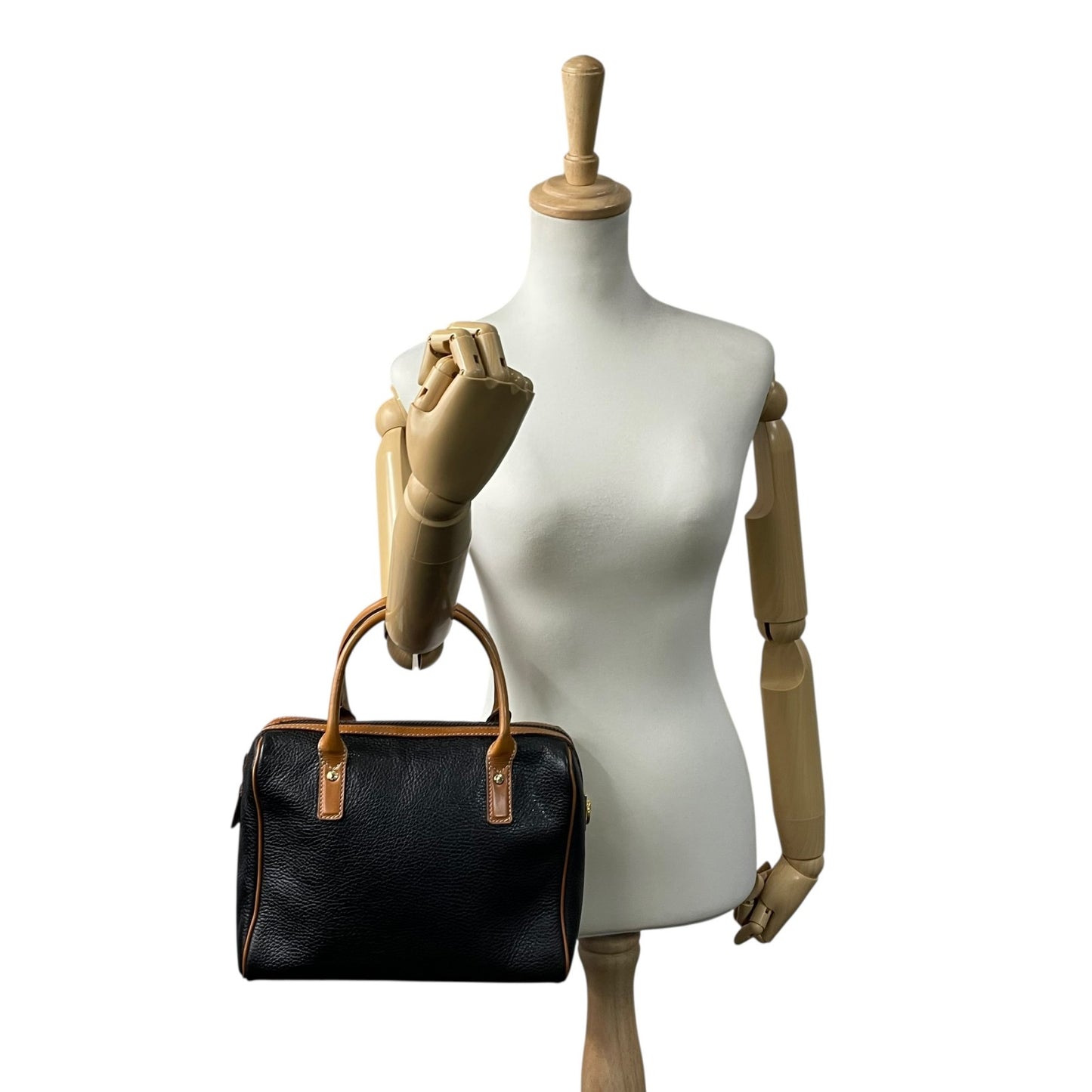 セリーヌ CELINE レザーハンドバッグ ブラック×ブラウン 黒 茶色 ゴールド金具 金金具 ボストンバッグ型 ヴィンテージ K5