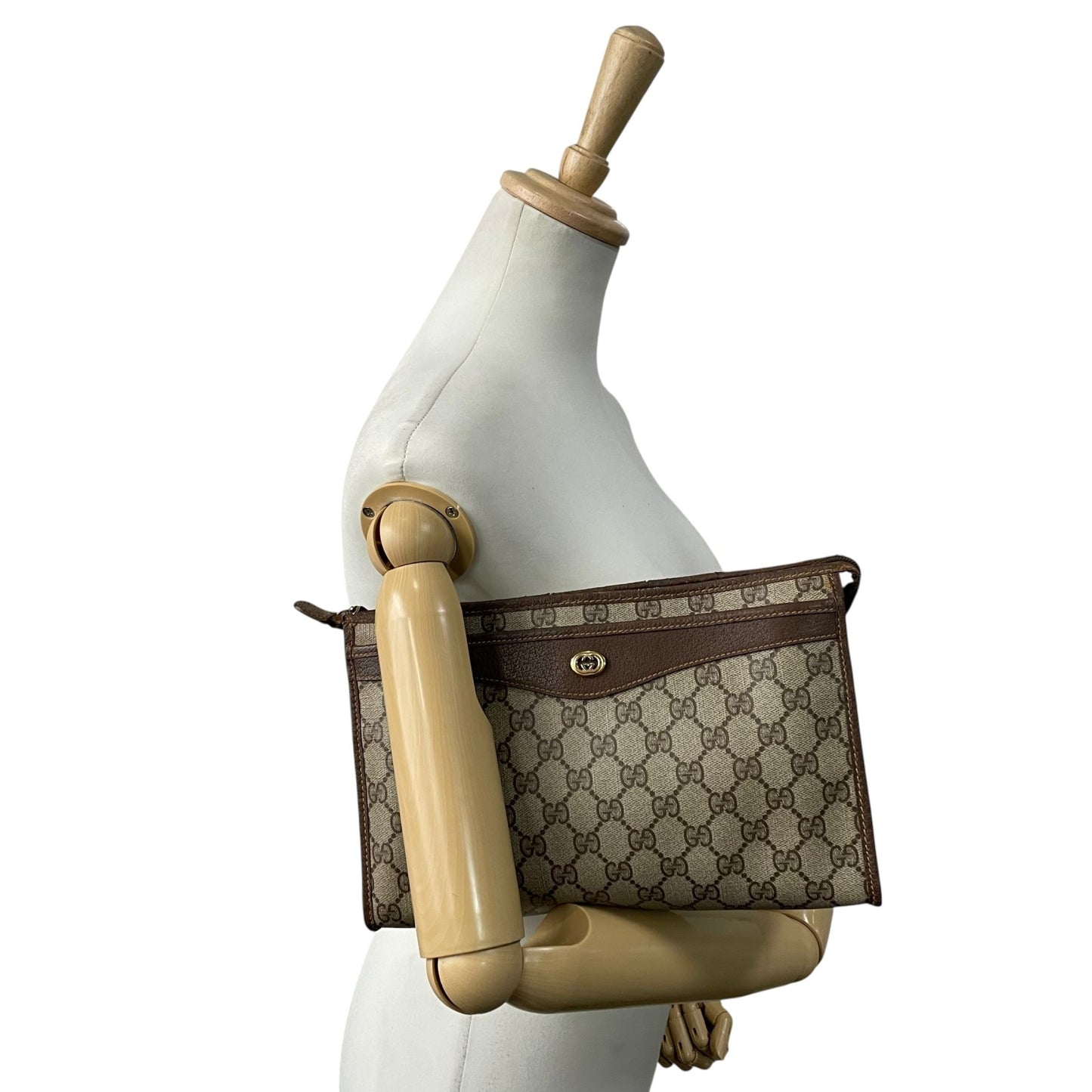 GUCCI グッチ GGスプリーム クラッチバッグ セカンドバッグ 茶 ブラウン グレー PVC レザー ゴールド金具 オールドグッチ ヴィンテージ メンズ レディース C4