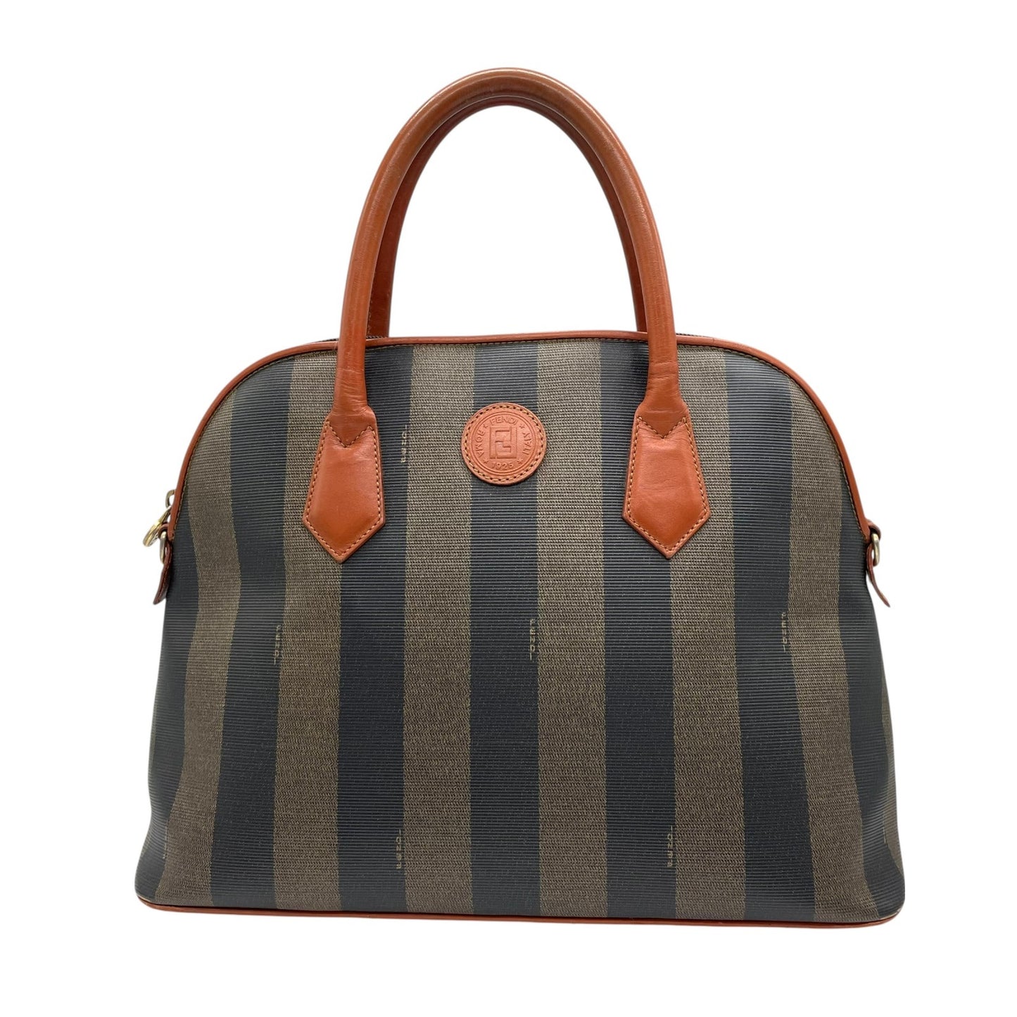 フェンディ FENDI ペカン柄 ボストンバッグ PVC レザー 茶色 カーキ ブラウン ストライプ ハンドバッグ ヴィンテージ B
