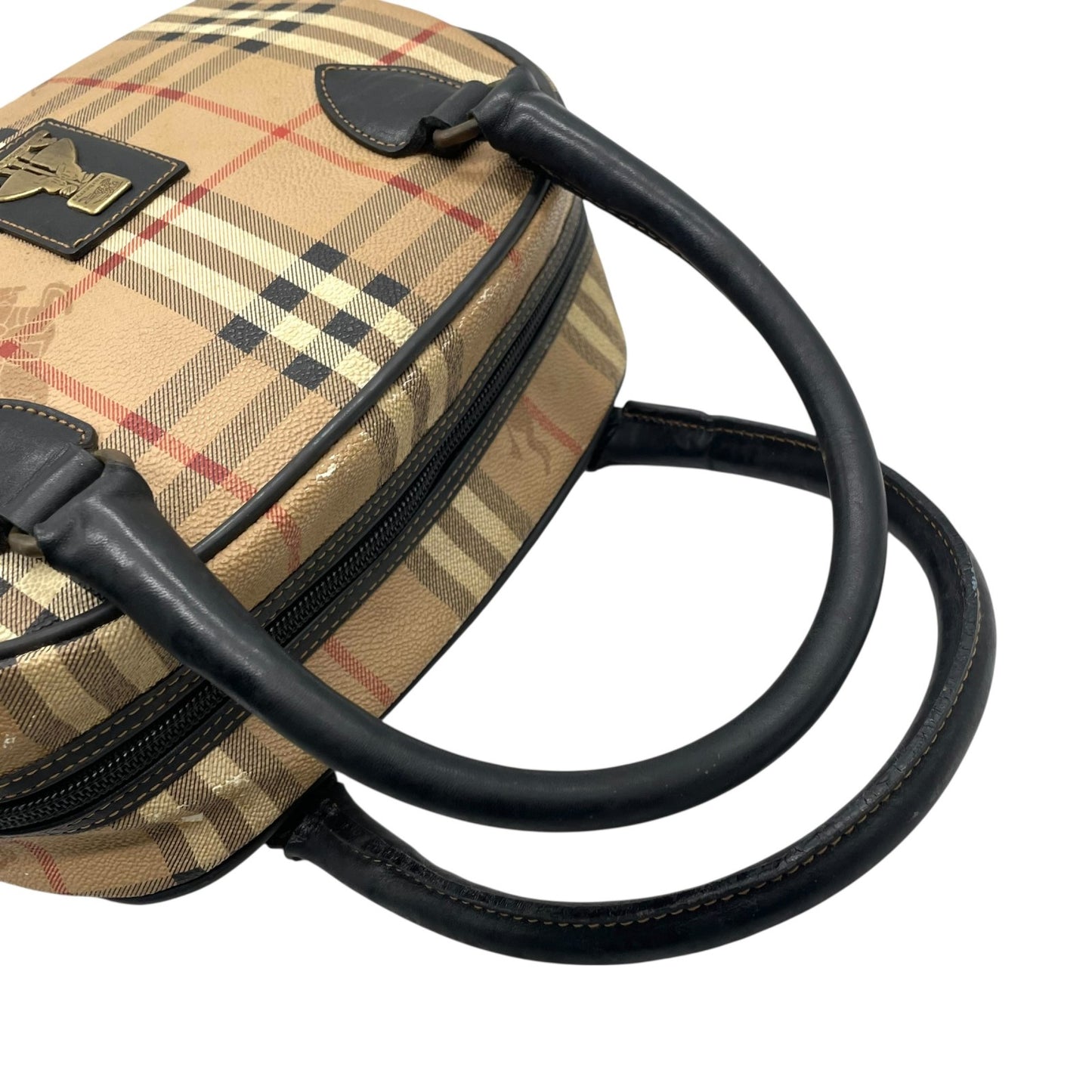 BURBERRY バーバリー ミニボストンバッグ ハンドバッグ ノバチェック シャドーホース シェルター ベージュ 黒 ブラック ゴールド金具 PVC レザー ファスナー開閉 手提げ ヴィンテージ レディース K6