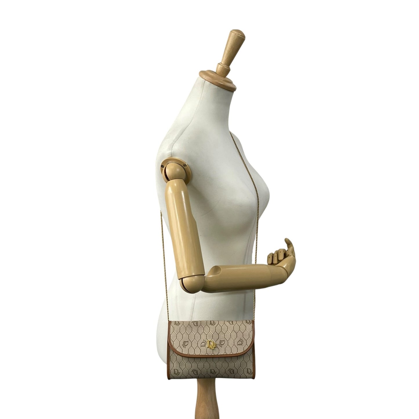 クリスチャン ディオール Christian Dior CDロゴ チェーンショルダーバッグ ベージュ 茶色 ブラウン ハニカム柄 キャンバス レザー ゴールド 金金具 ヴィンテージ K11