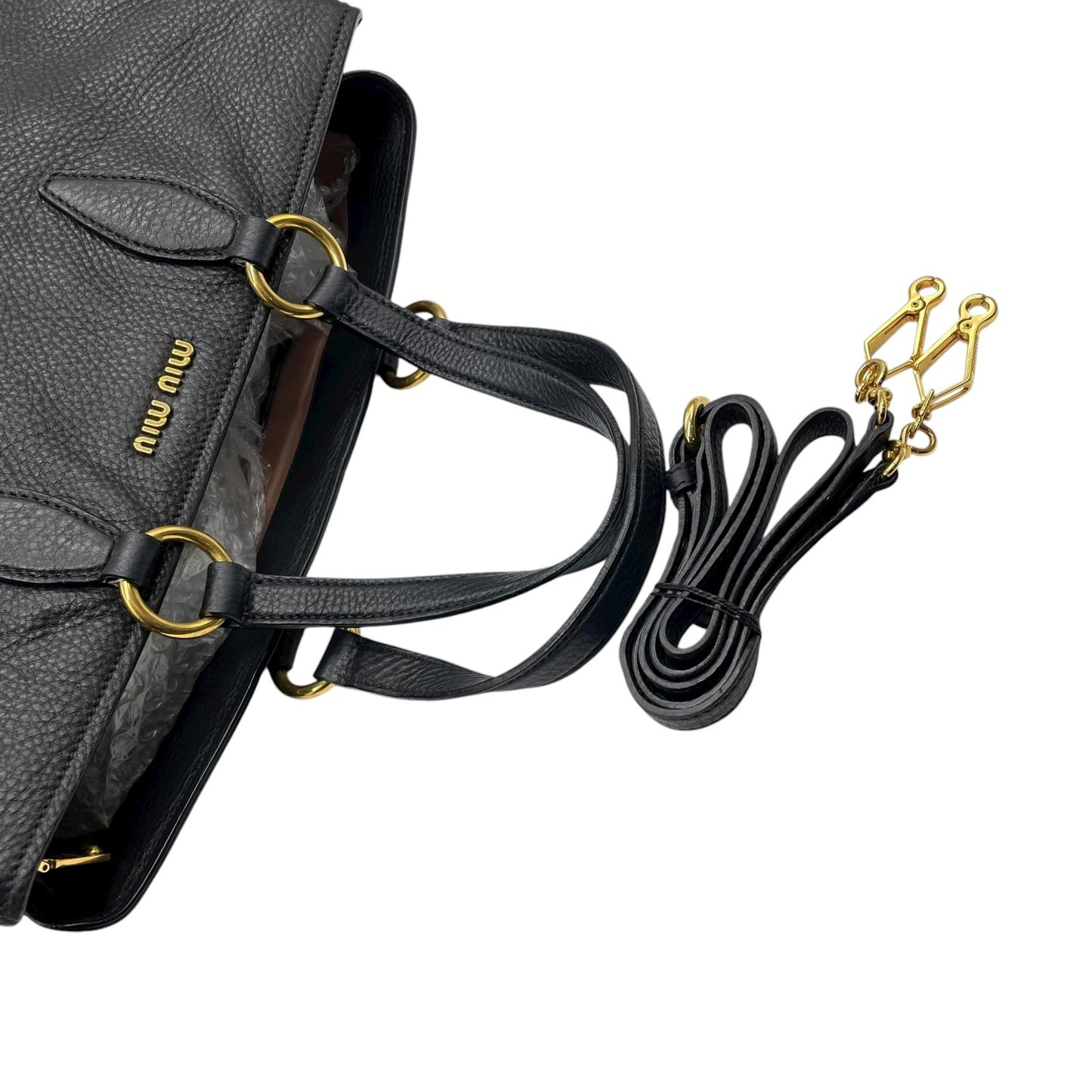 美品 ミュウミュウ MIU MIU レザー トートバッグ 2WAY ショルダー A4対応 黒 ブラック 金金具 ゴールド金具 D