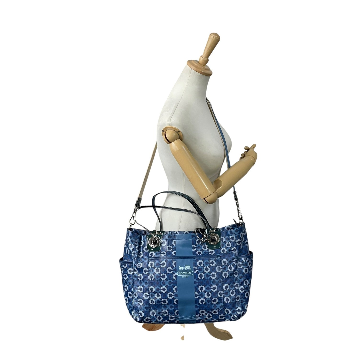 美品 コーチ COACH トートバッグ ショルダーバッグ 2WAY シグネチャー サークル柄 紺 ネイビー A4収納可 ショルダーストラップ付 U10