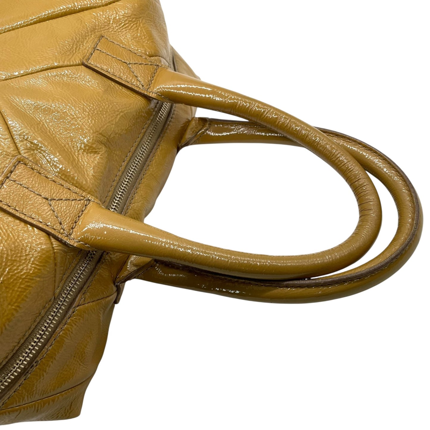 イヴサンローラン YSL ボストンバッグ Yライン パテントレザー ハンドバッグ キャメル ゴールド金具 ロゴ刻印 A2