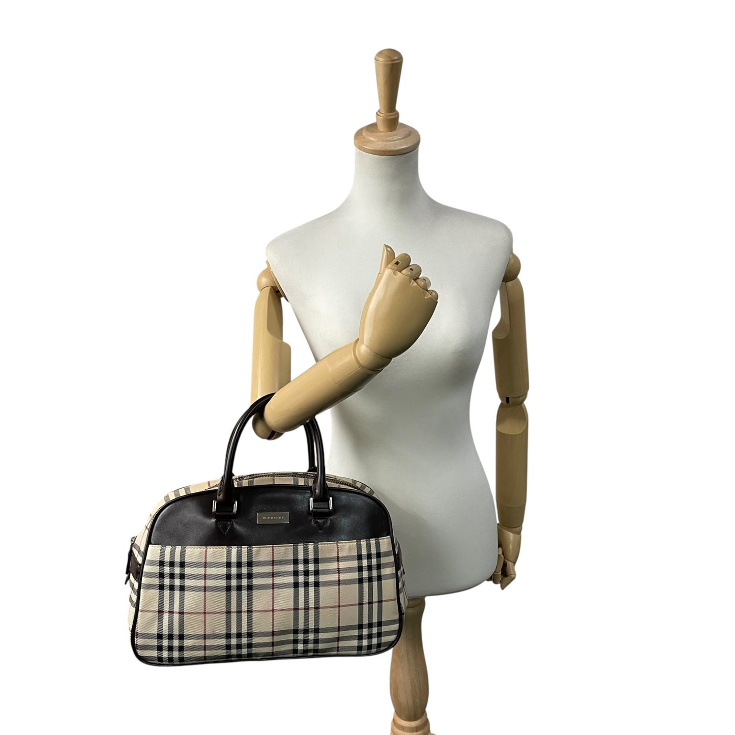 美品 バーバリー BURBERRY ハウスチェック ノバチェック ボストンバッグ レザー キャンバス 茶色 ブラウン×ベージュ ロゴプレート C7