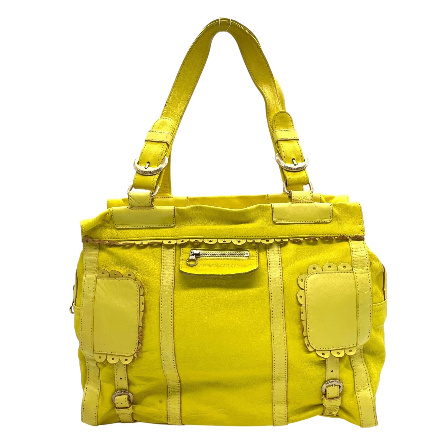 シーバイクロエ SEE BY CHLOE ハンドバッグ トートバッグ 黄色 レモンイエロー レザー ゴールド金具 ロゴ ベルト フリル ファスナー開閉 肩掛け可 レディース U12