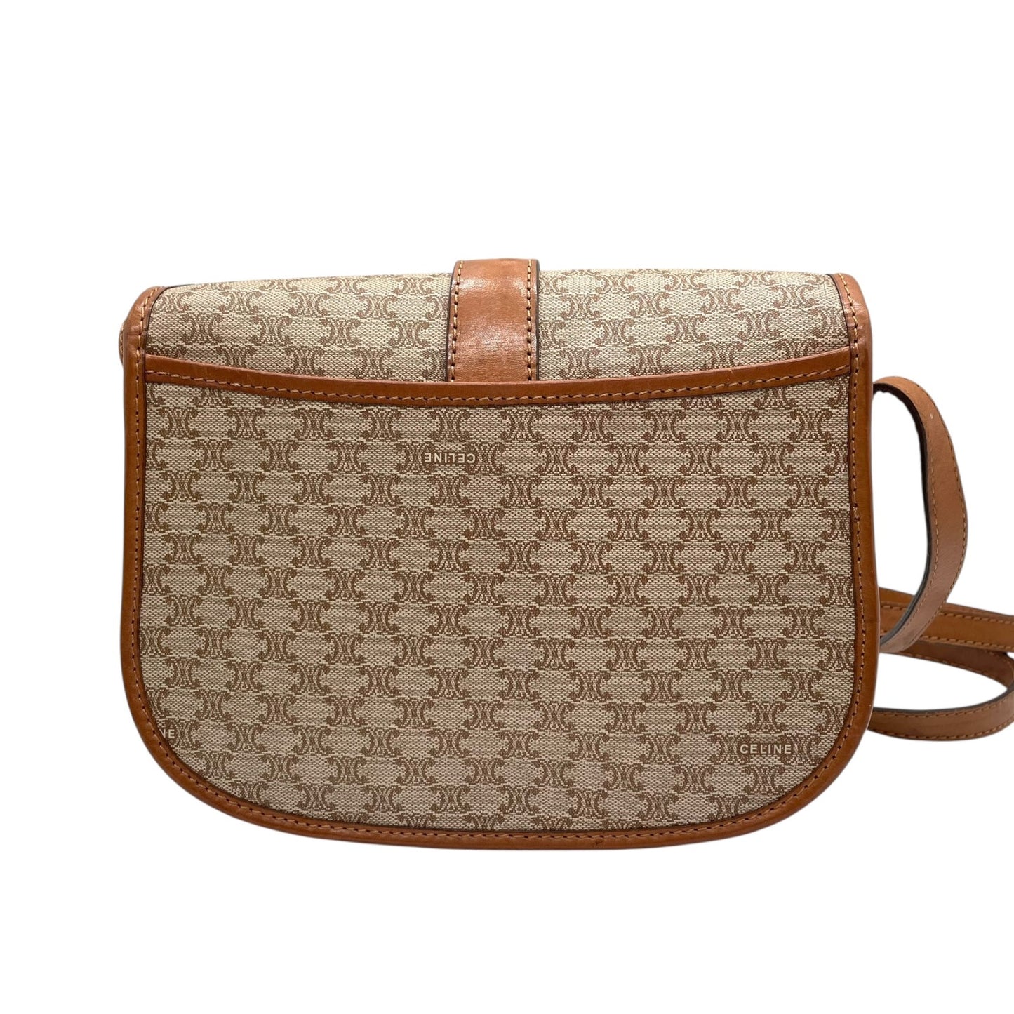 美品 CELINE オールドセリーヌ マカダム柄 トリオンフ ショルダーバッグ PVC レザー ベージュ ブラウン ゴールド金具 斜め掛け可 フラップ開閉 ヴィンテージ レディース K11