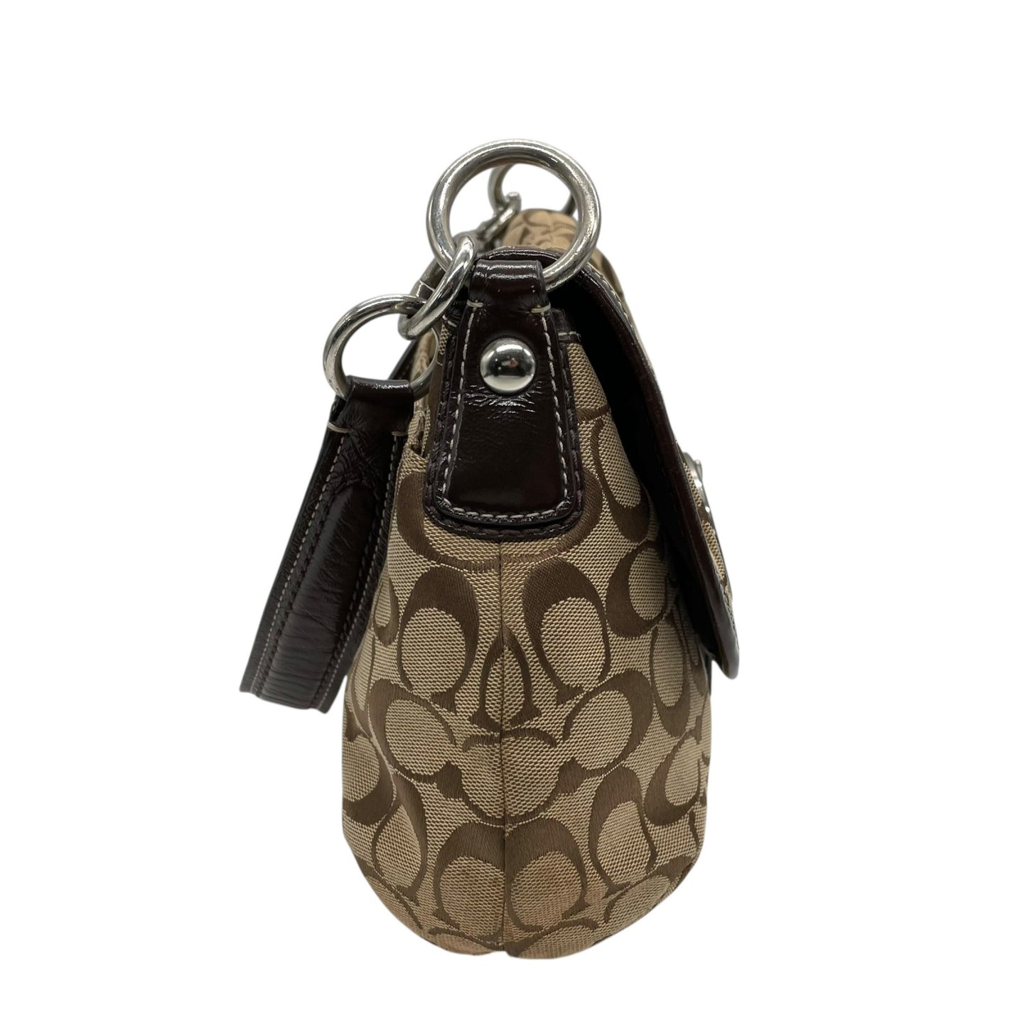 COACH コーチ ソーホー シグネチャー ワンショルダーバッグ 茶 ブラウン ベージュ キャンバス パテントレザー シルバー金具 フラップ ベルト ホーボー 肩掛け可 レディース S6