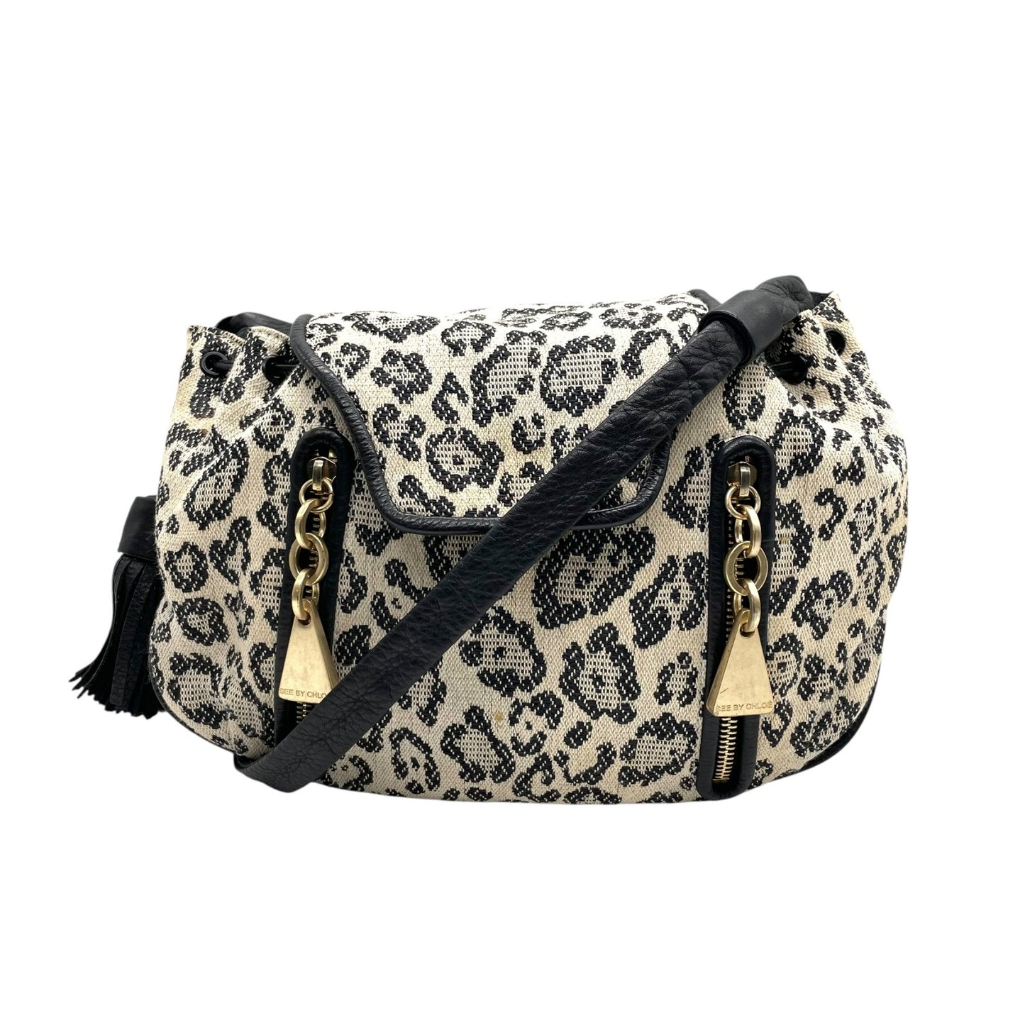 SEE BY CHLOE シーバイクロエ ショルダーバッグ 白 アイボリー 黒 ブラック レオパード ヒョウ柄 キャンバス レザー ゴールド金具 タッセル 斜め掛け可 レディース E5
