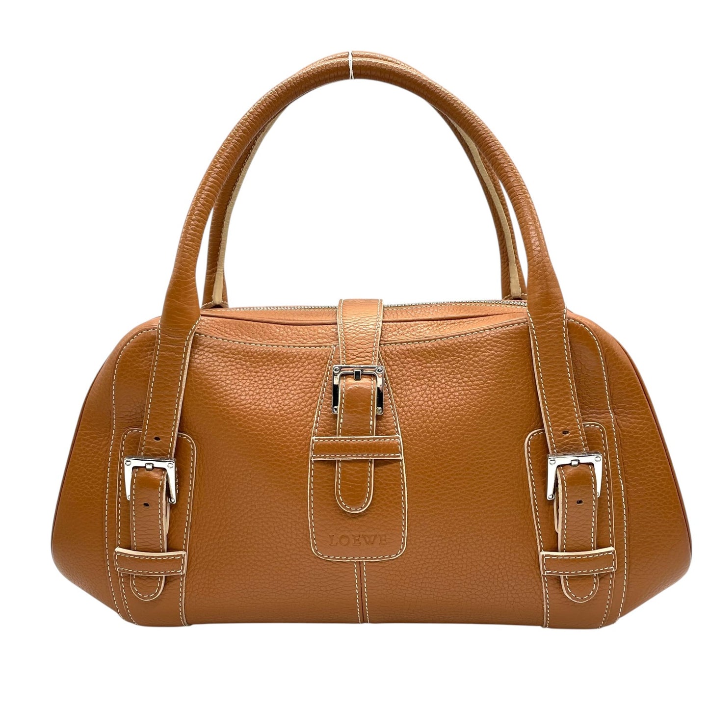 美品 ロエベ LOEWE センダ ハンドバッグ キャメルブラウン 茶 レザー シルバー金具 ファスナー開閉 ロゴ型押し レディース A