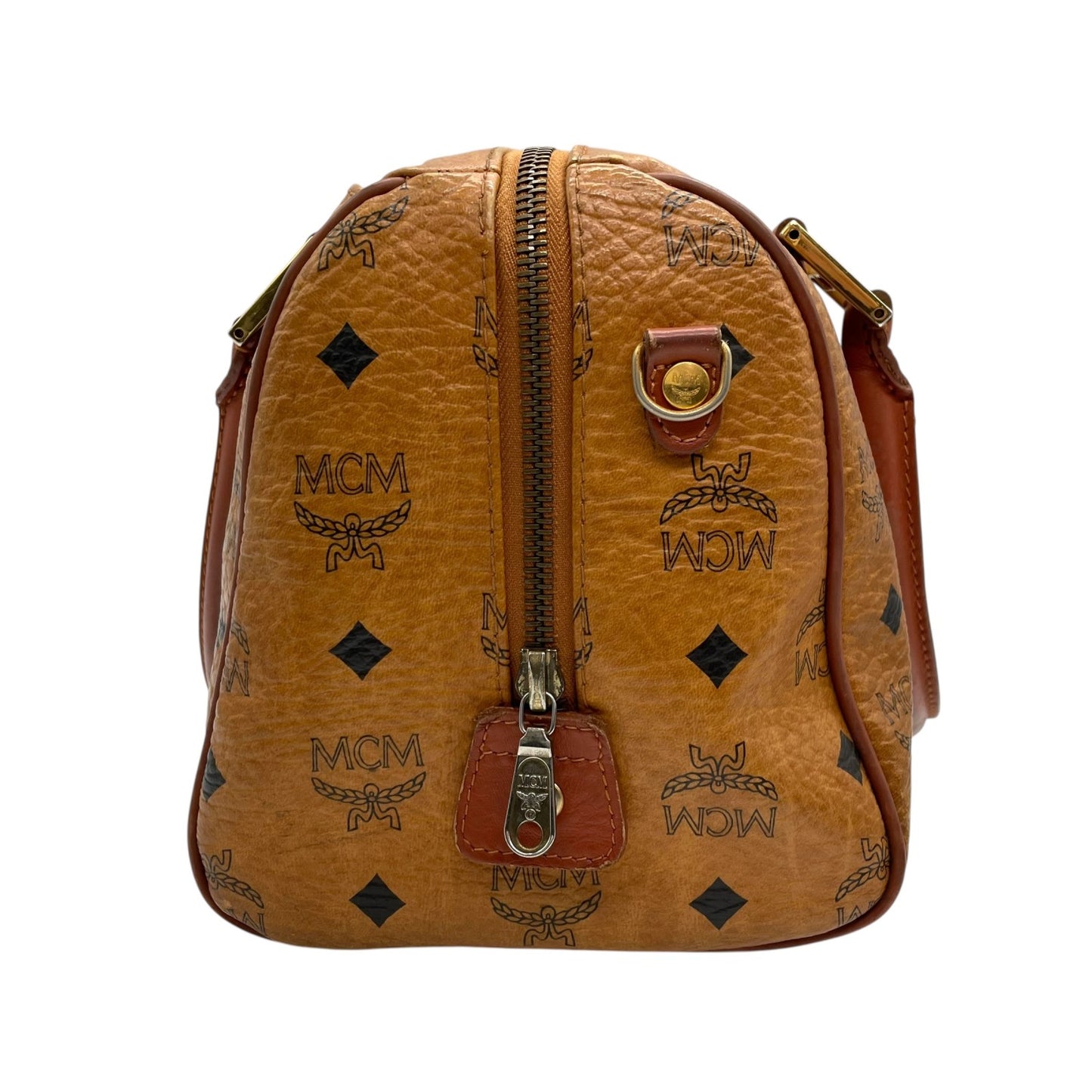 エムシーエム MCM ヴィセトス 2WAY ハンドバッグ ミニボストンバッグ ショルダーバッグ 茶 ブラウン コニャック レザー ゴールド金具 斜め掛け可 レディース D