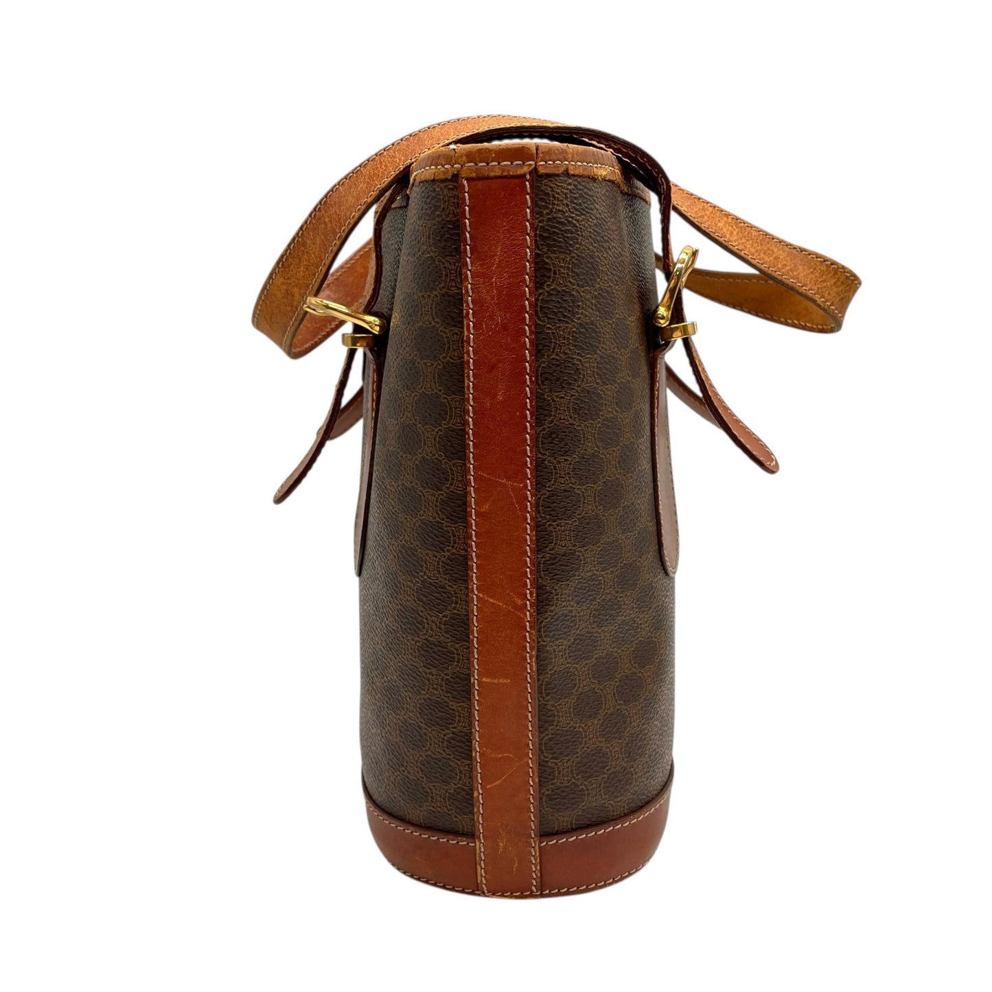 CELINE セリーヌ ヴィンテージ マカダム トートバッグ PVC レザー ブラウン トリオンフ 金具 90s イタリア製 ショルダー可 オールドセリーヌ K9