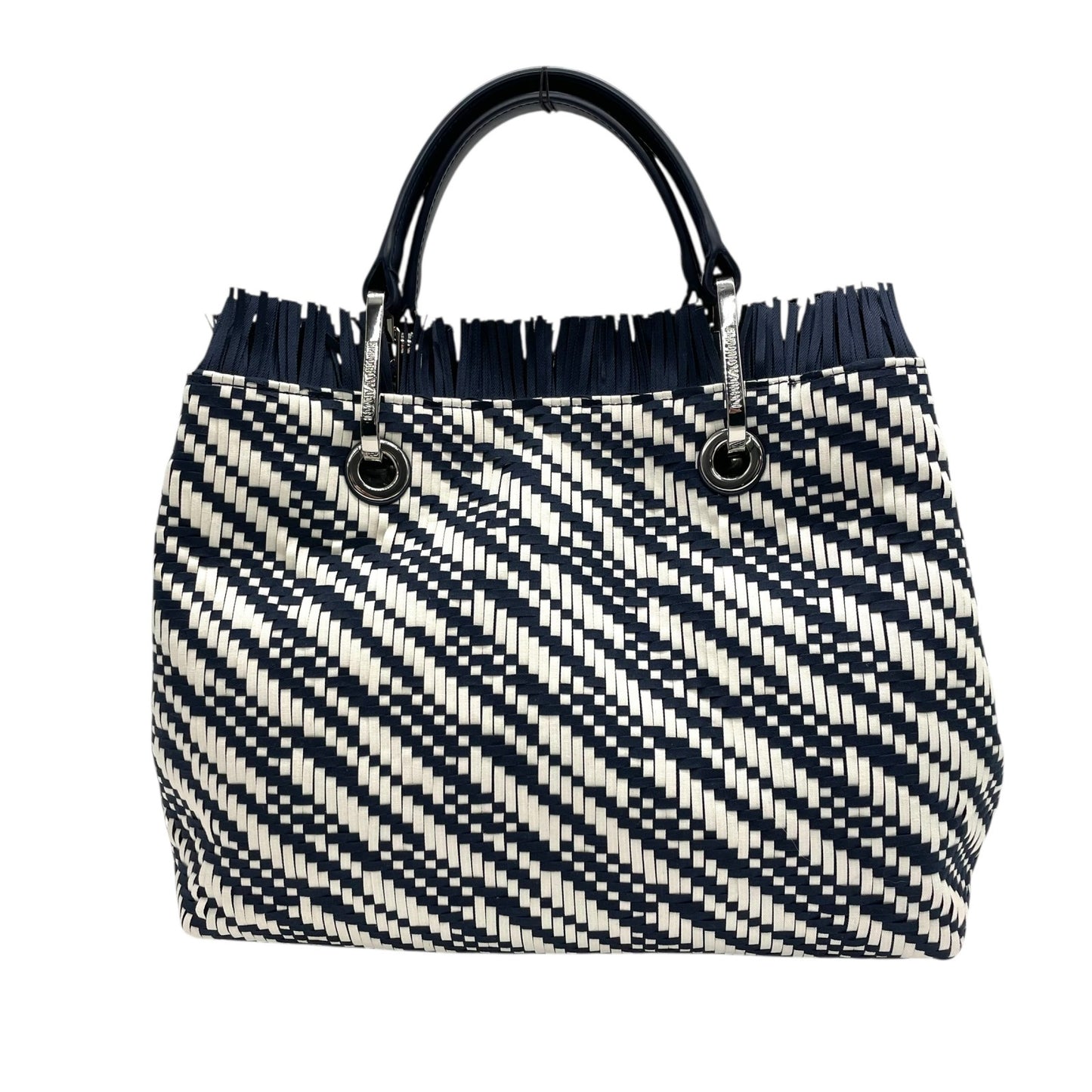 【未使用級】EMPORIO ARMANI エンポリオアルマーニ 2way ハンドバッグ ショルダーバッグ 編み込み キャンバス フリンジ ネイビー ホワイト D