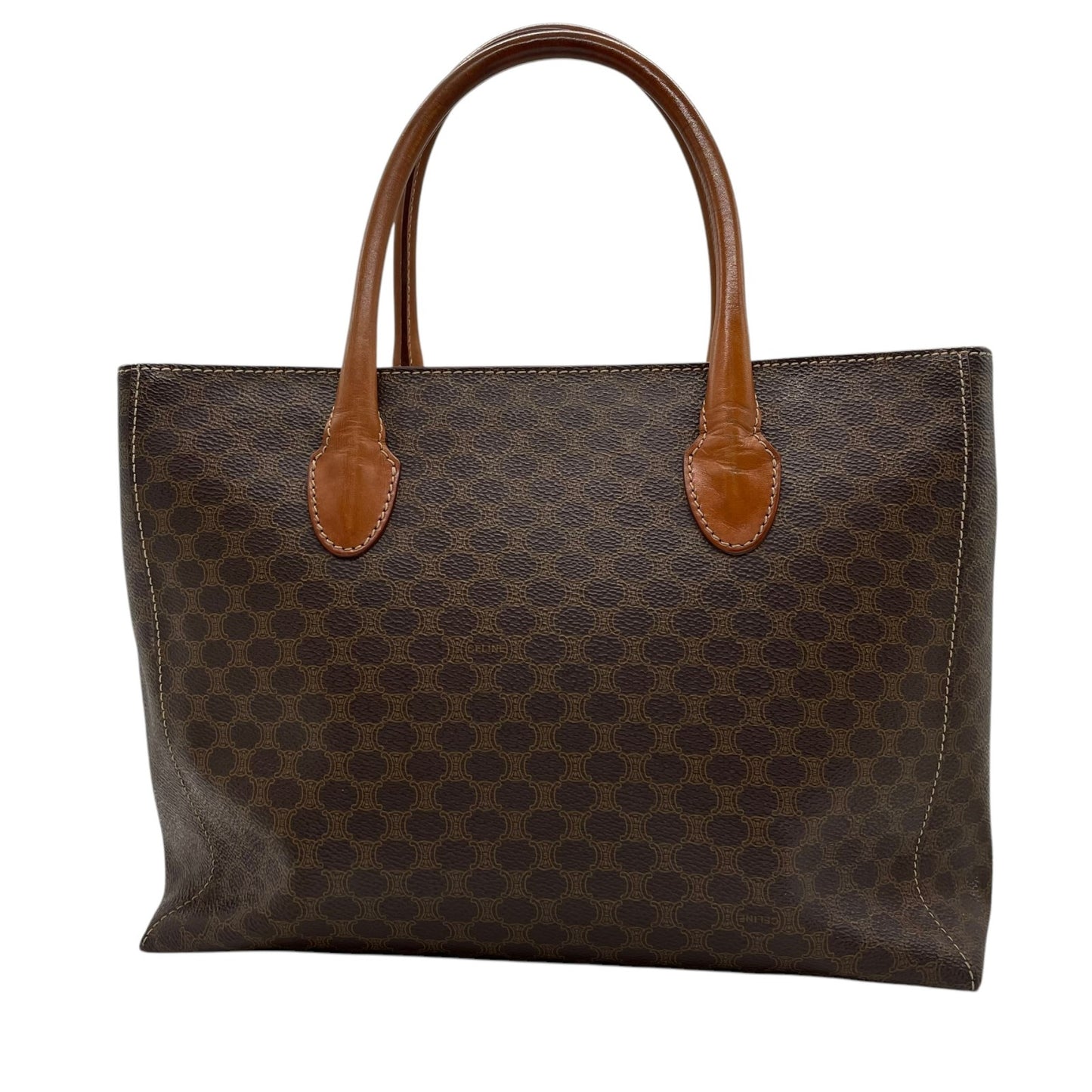 美品 CELINE セリーヌ ヴィンテージ ハンドバッグ マカダム柄 トートバッグ ブラウン レザー PVC MC97 Z1