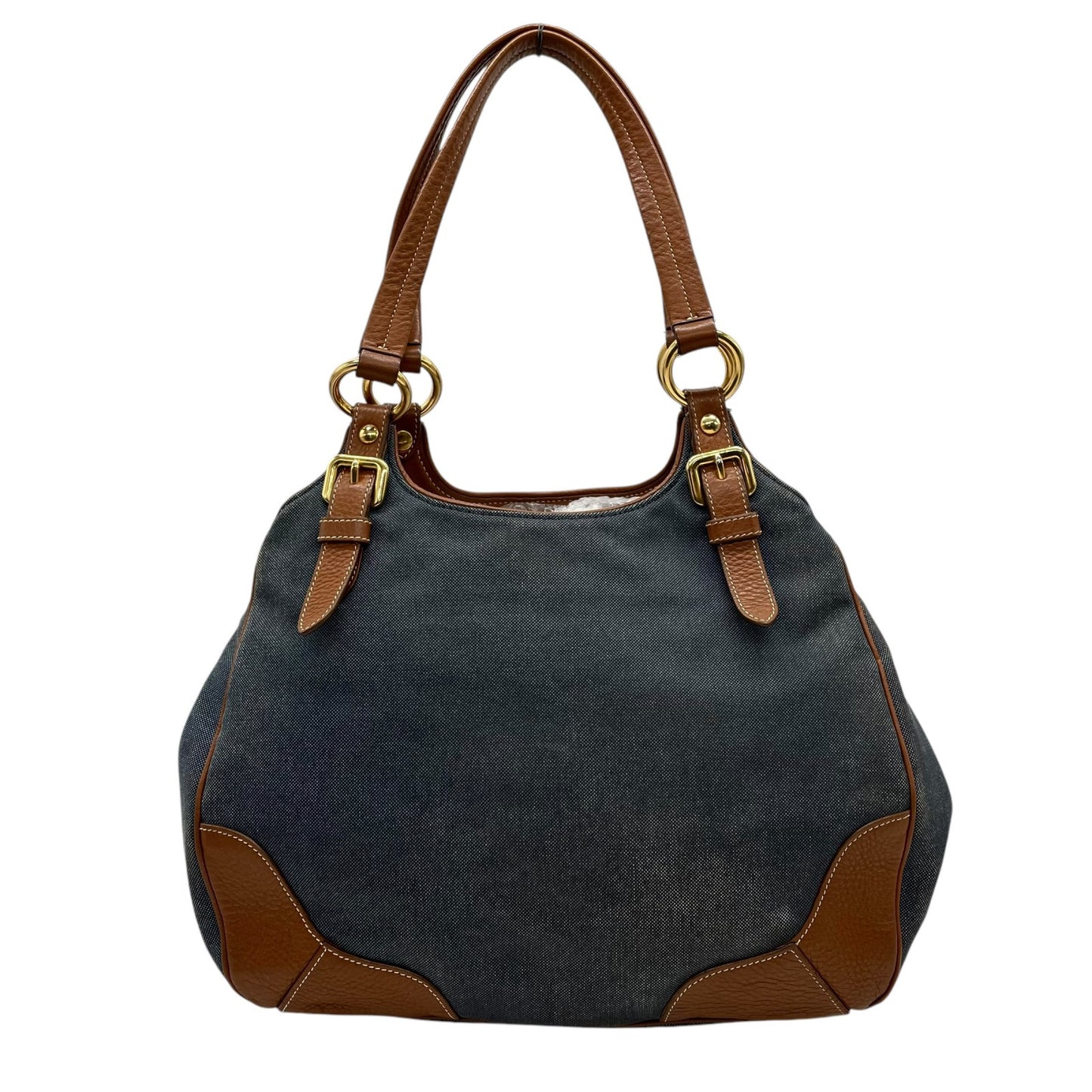 美品 PRADA プラダ ロゴ ジャガード トートバッグ ショルダー デニム レザー ブルー ブラウン ゴールド金具 D5