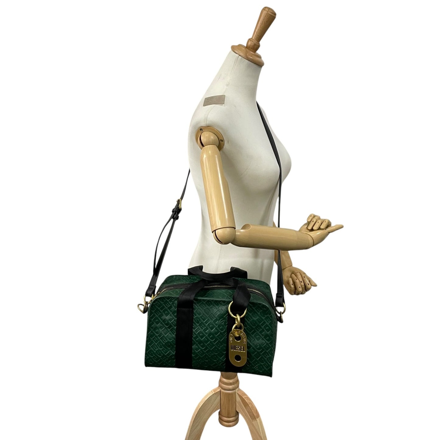 美品 DIESEL ディーゼル エンボス モノグラム ハンドバッグ 2WAY ショルダー ミニボストン 総柄 レザー 本革 グリーン 緑 2WAY ボストンバッグ ショルダーバッグ ゴールド金具 ユニセックス ファスナー開閉 Y2K label C