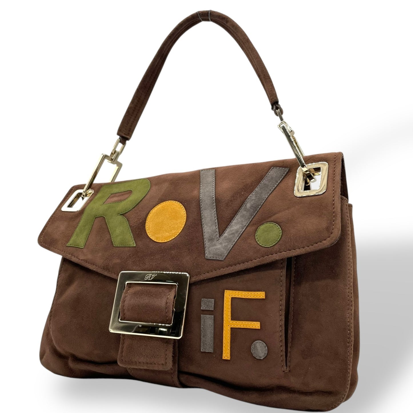 Authentic Roger Vivier Shoulder Bag Brown Suede Gold Hardware Rare Design Shoulder Strap Front Buckle Women's