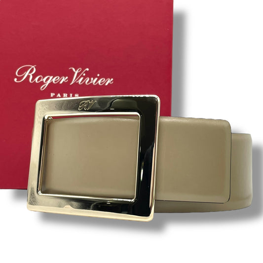 Authentic Roger Vivier Belt Leather Beige Black Gold Hardware Box Women's