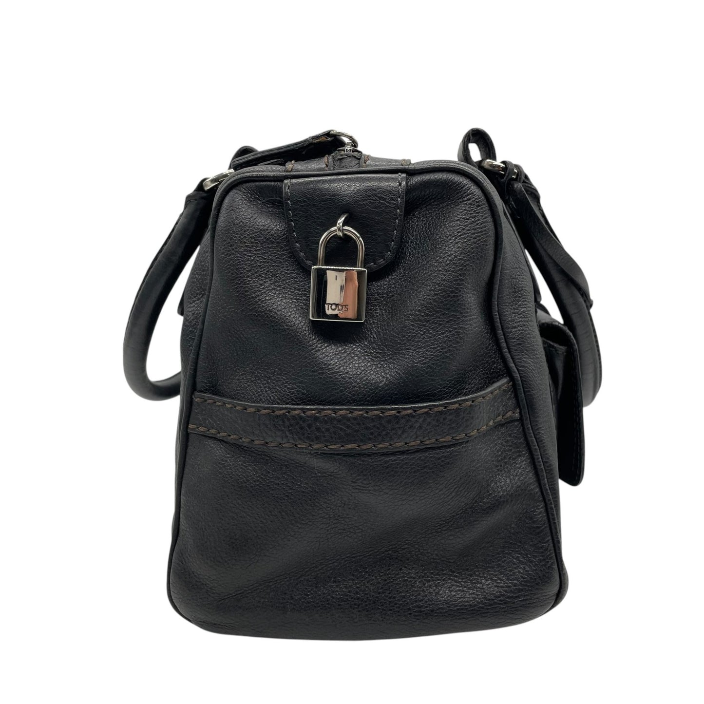 Authentic TOD'S Boston Handbag Leather Black Silver Hardware Padlock Women's